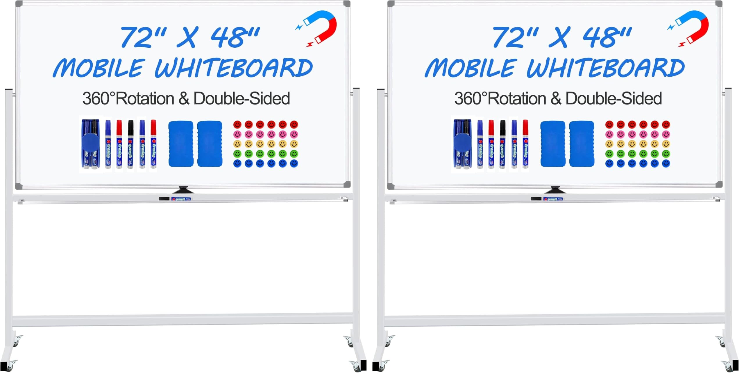 Max-officoo Magnetic White Board Dry Erase Whiteboard with Rolling Stand 72"x48" Double-Sided Mobile Large White Board on Wheels, Including 3 Magnetic Erasers, 7 Markers, 30 Magnets (Pack of 2)