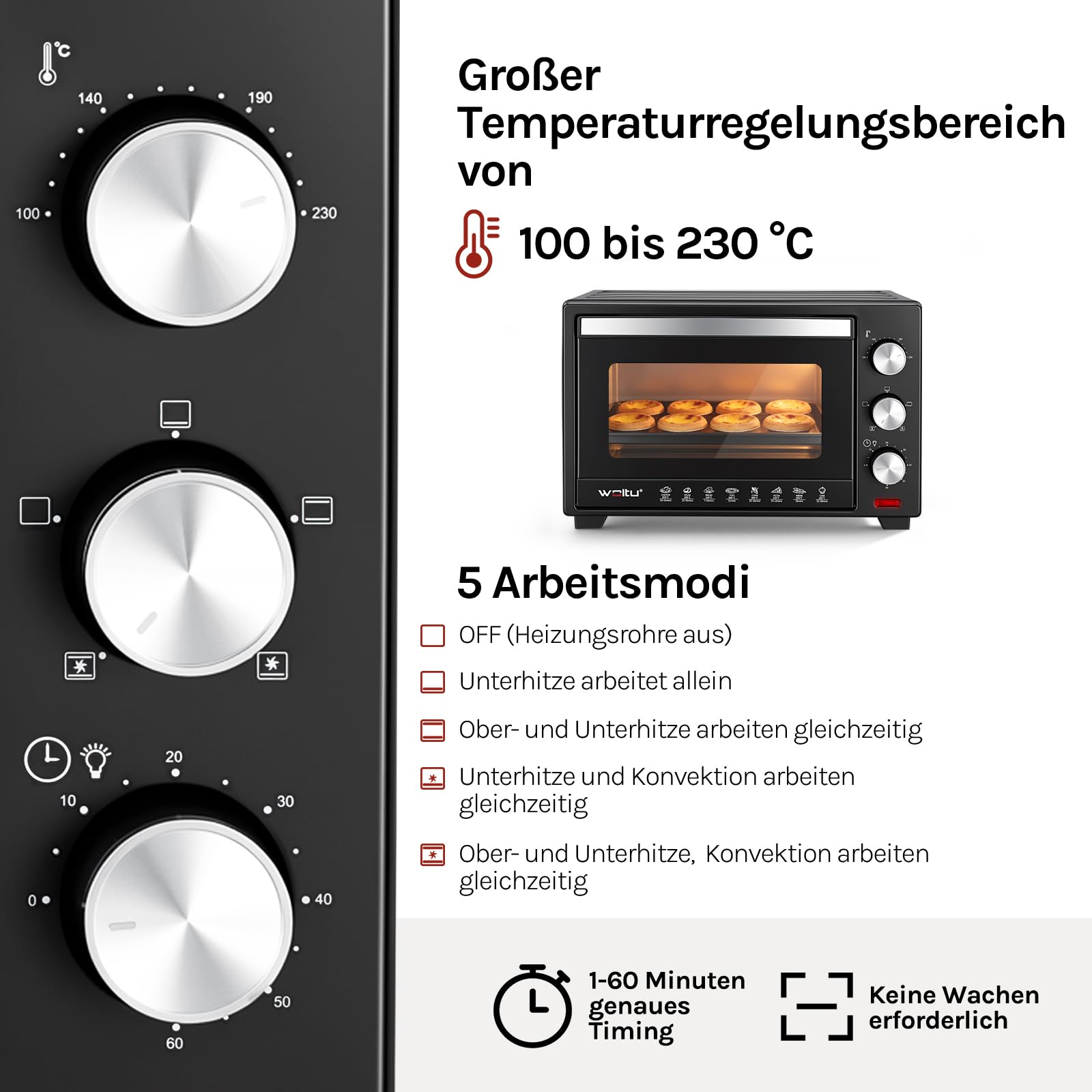 WOLTU Mini Backofen mit Umluft 28 L, Pizzaofen 1600 W, 100-230 °C, Timer 0-60 Min., 3 Heizmodi, inkl. Backblech Grillrost Krümelblech Rostheber, Mini Ofen für Backen Braten Auftauen Erhitzen, Schwarz