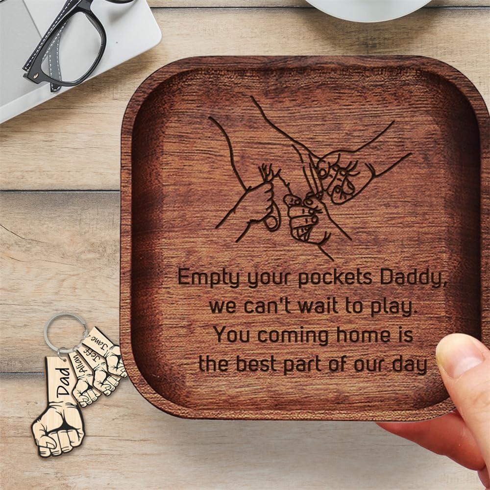 Empty Your Pockets Daddy, Father's Day Wood Valet Tray for Daddy, Engraved Wooden Key Storage Tray with Keychain, Men Papa Dad Gifts for Father Day Birthday image 4