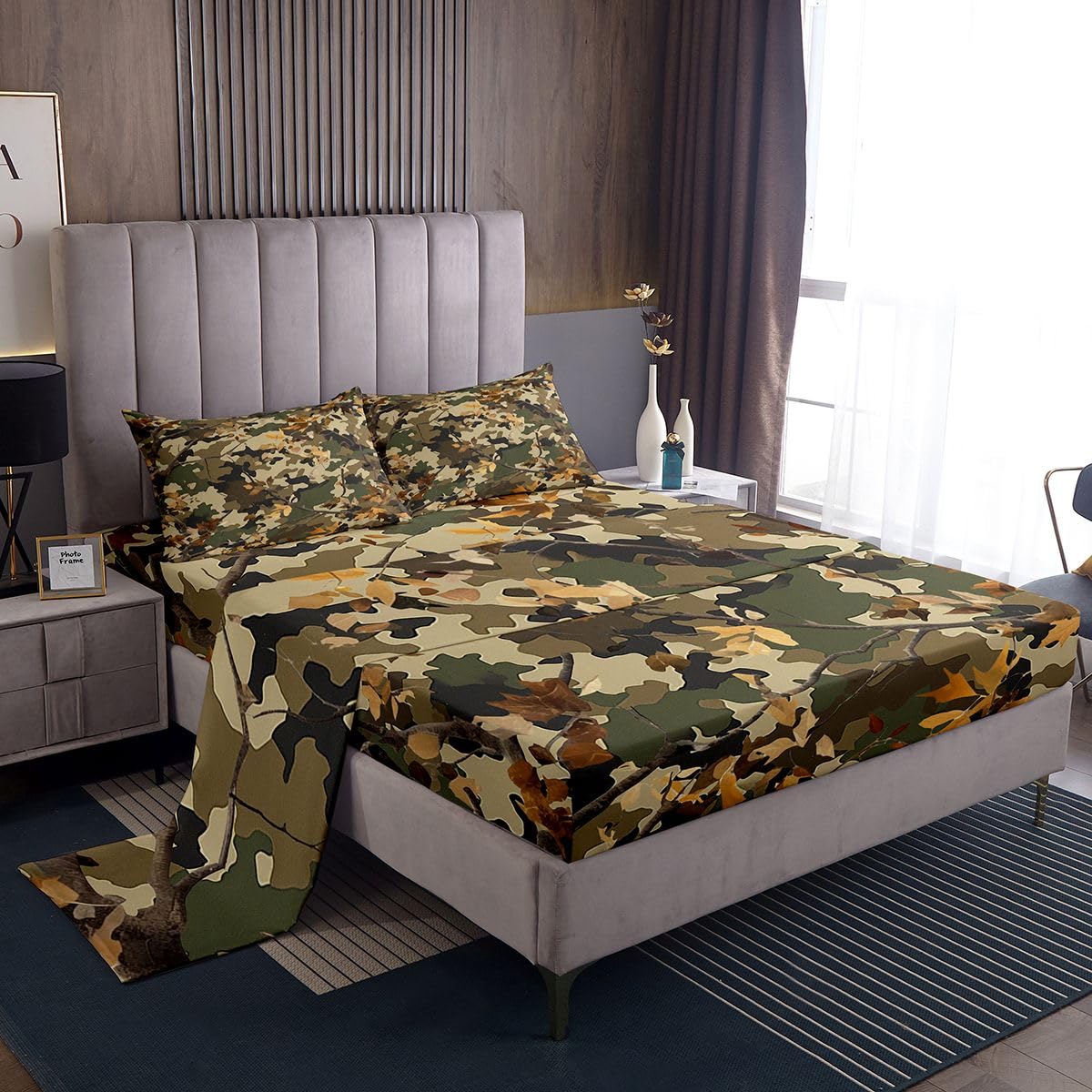 jejeloiu Camouflage Botanical Bedding for Girls Boys Kids Queen Size Camo Bed Sheets Set Room Decor Military Style 4 Pieces Sheet with 26 Inch Deep Pockets Breathable Soft Lightweight Microfiber