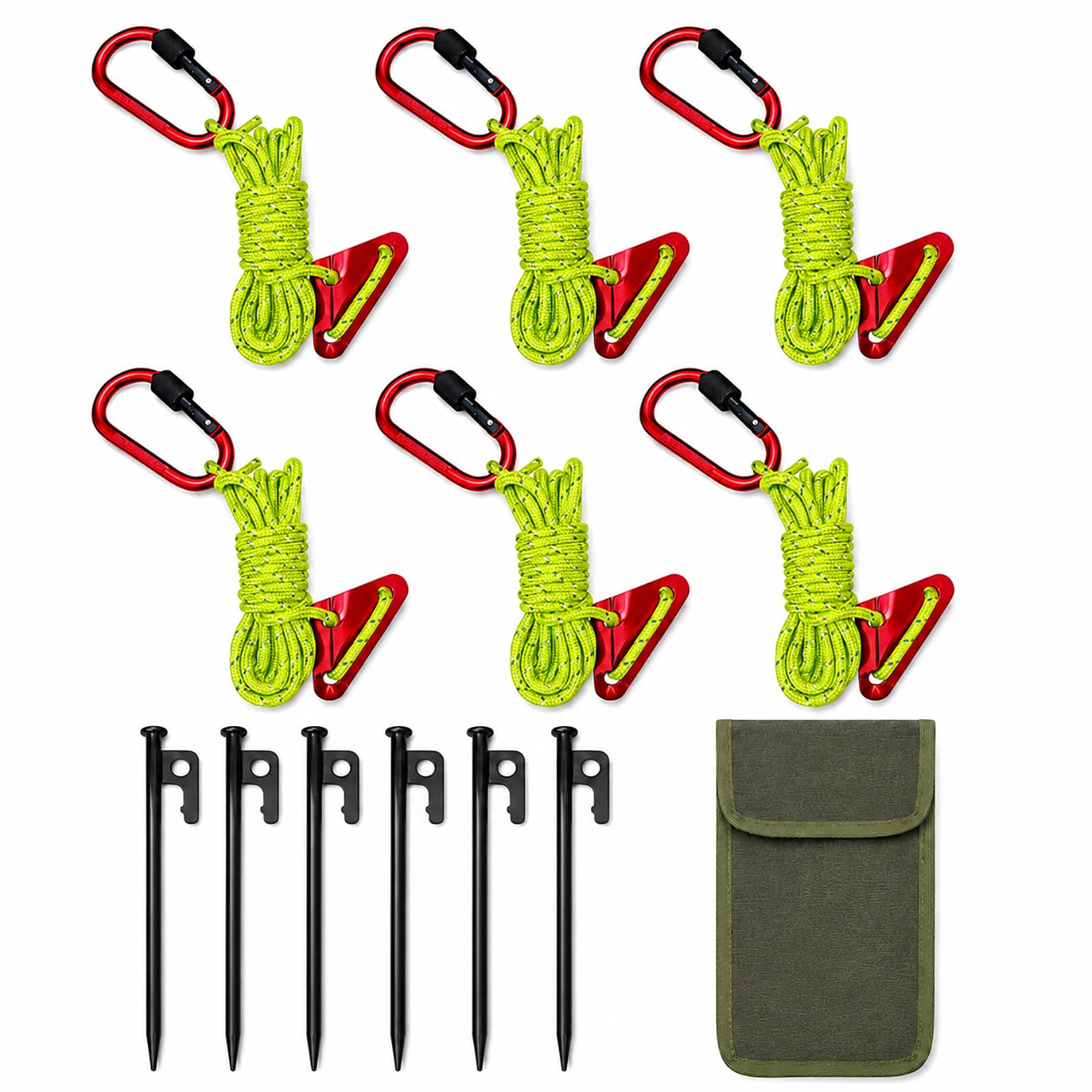 Camping Guyline Kit with Carabiner, 6 x 4m Reflective Tent Guy Ropes, 6 x 30cm Metal Tent Pegs, Rope Tensioners and Carry Pouch for Tents, Tarps, Canopies, Awnings and Shelters，Fluorescent green