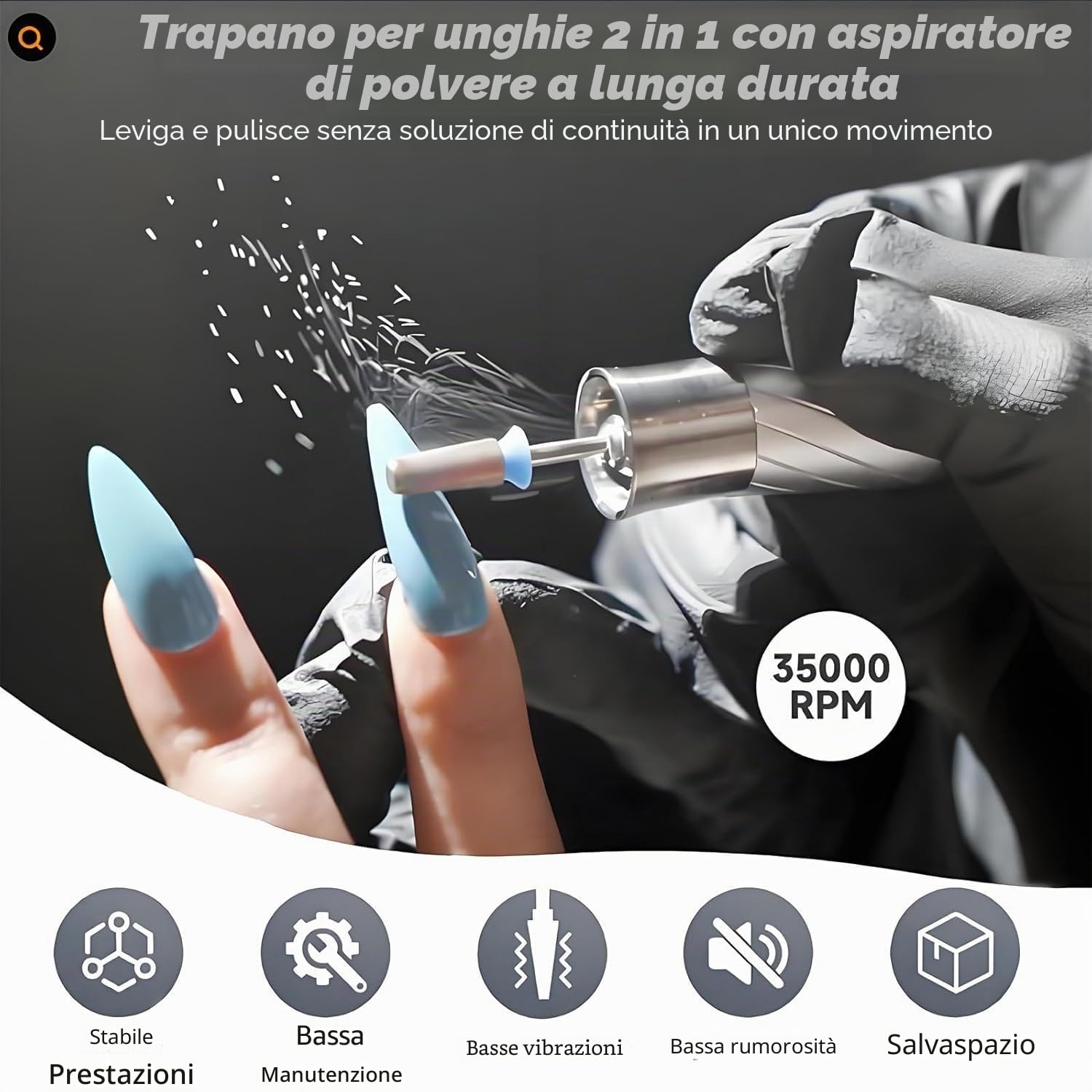 Aspiratore e Fresa Unghie 2-in-1 Professionale, 30.000 Giri/Min Motore Brushless, Silenzioso ≤68dB, Kit Manicure Elettrico per Nail Artist