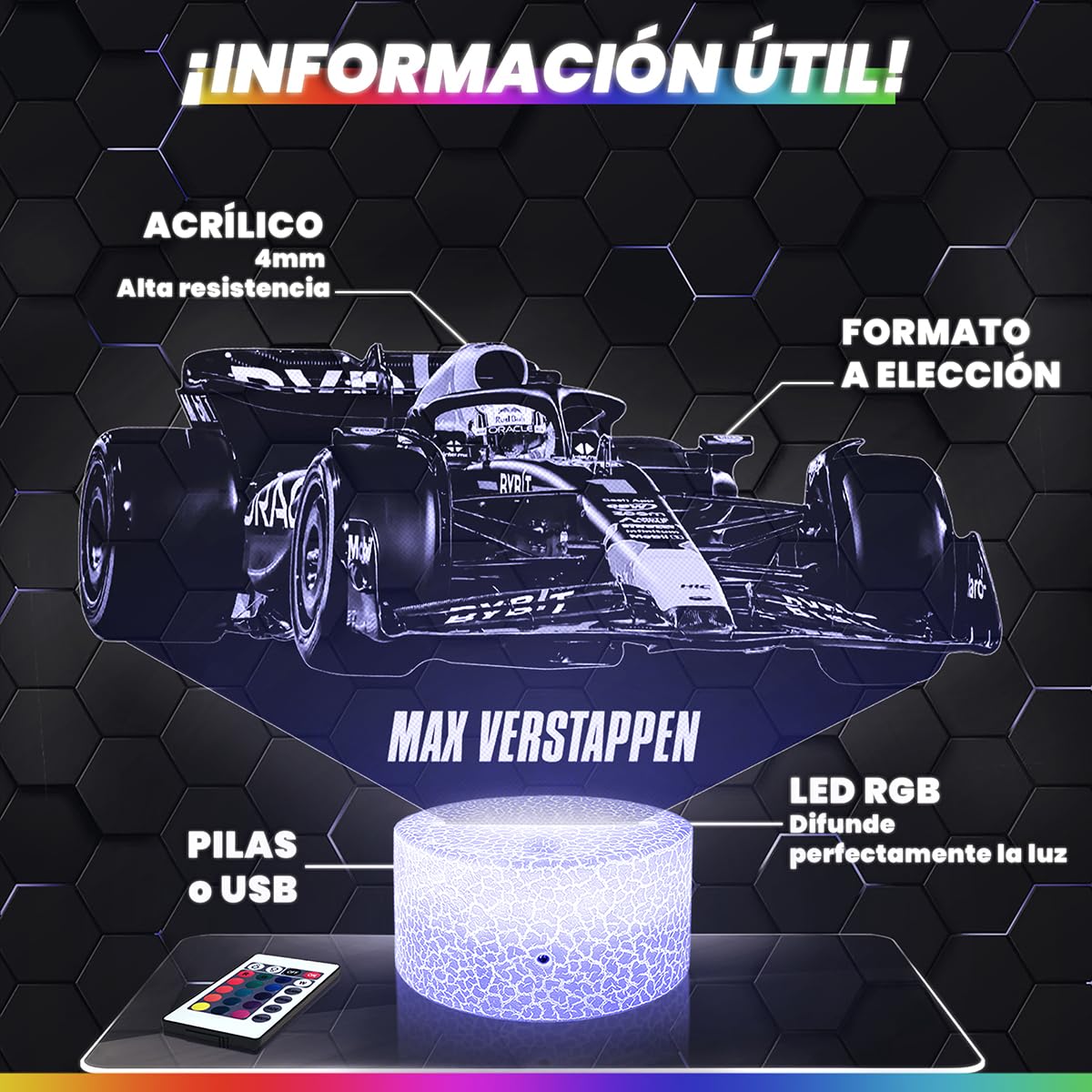 Lampephoto.fr - Lámpara 3D Fórmula 1 M. Verstappen Luz Nocturna Táctil Led Ilusión 3D, Idea de Regalo para Niños y Niñas, Navidad, Lámpara de Mesilla de Noche para Niños o Adultos, Merchandising TOP