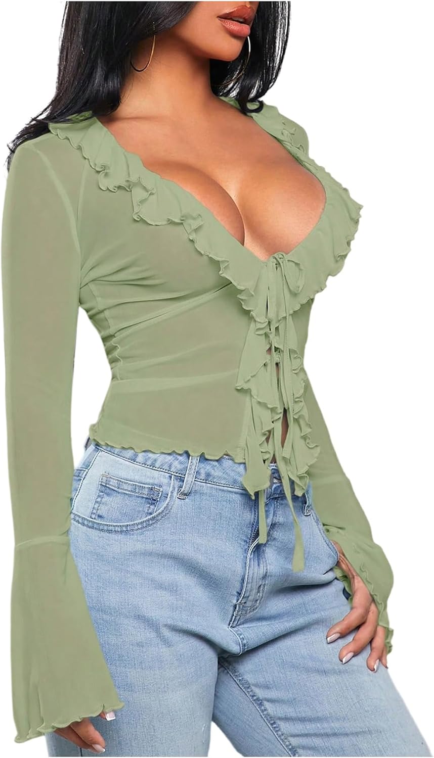 Milumia Women's Long Bell Sleeve Tie Front Top Ruffle Trim See Through Mesh Crop Tops