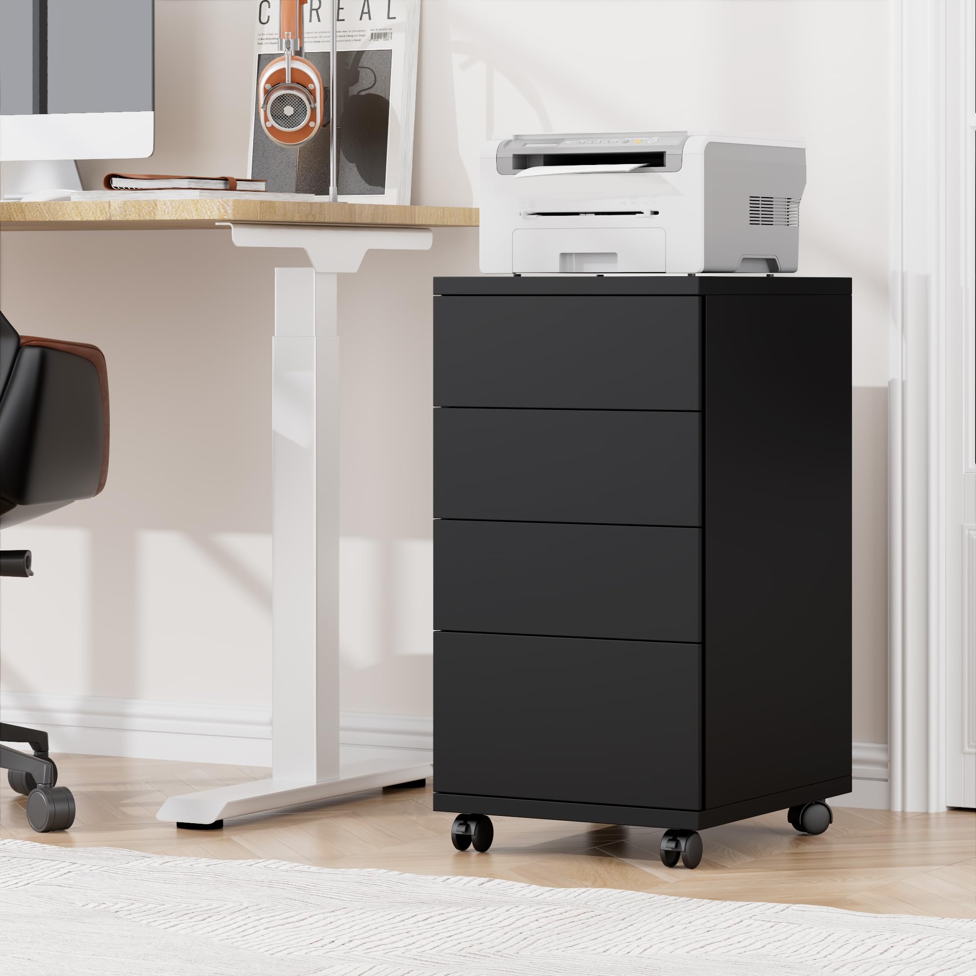 HOCSOK Mobile File Cabinet with 4 Drawers, Rolling Office Filing Cabinet with Wheels, Under Desk Drawers for Home and Office, Black