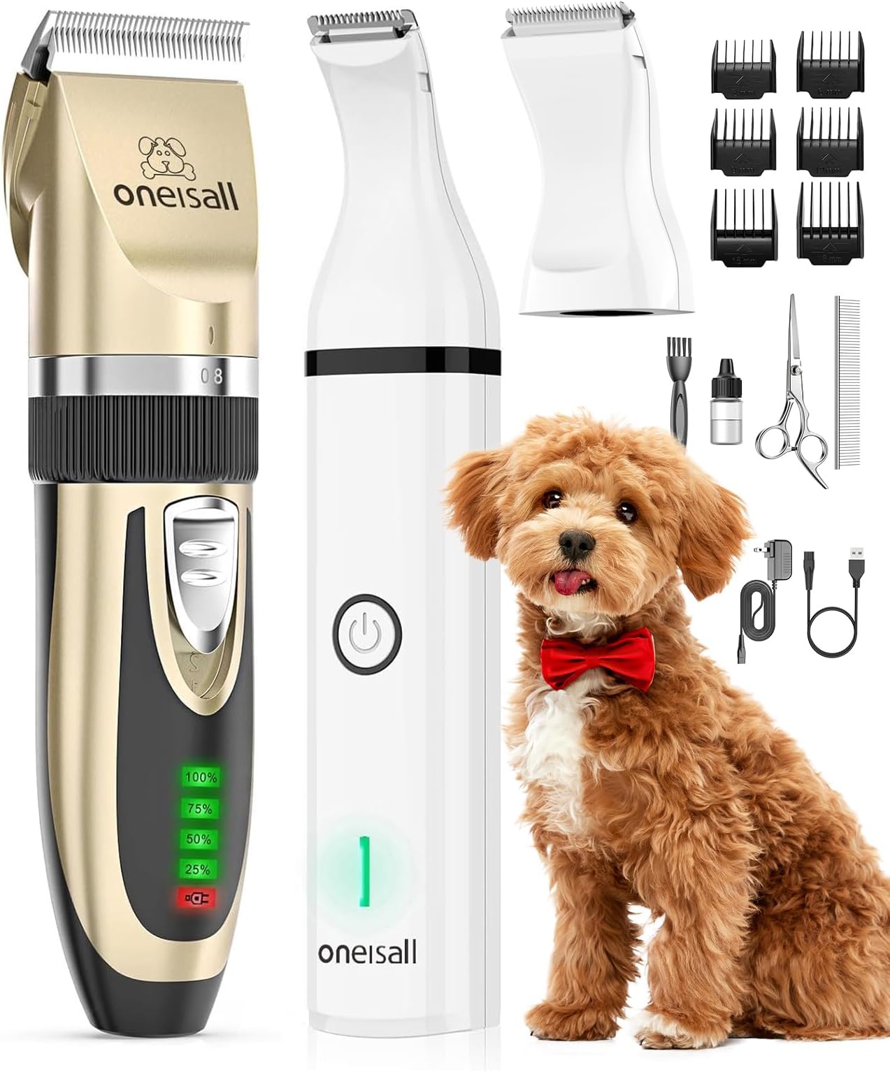 Oneisall Dog Clippers and Paw Trimmer Kit 2 in 1 - Low Noise Cordless Pet Hair Trimmers for Small and Large Dogs, Cats, Animals
