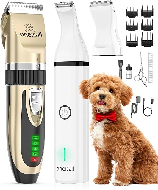 Oneisall Clippers pour chiens et kit de trempage de la patte pour petits grands chiens Chats & Longue durée de vie de la batterie, simple pour les débutants, 6 Peignes-guides amovibles & Lame rinçable