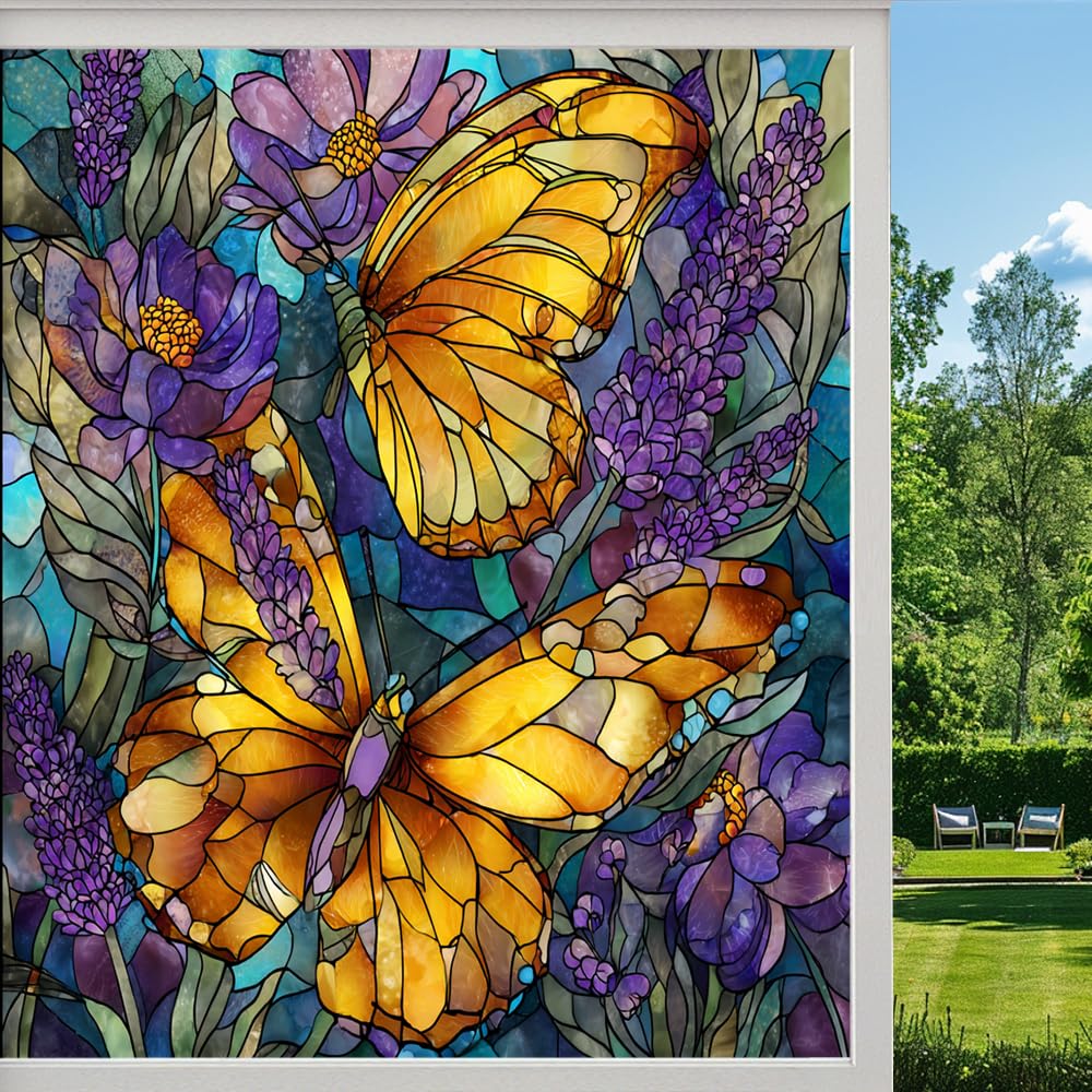 Abstract Butterfly Frosted Window Film, Colorful Flower Animal Stained Glass Privacy Film, Heat Insulation Self-Adhesive Vinyl for Bathroom Office, （55x100cm）
