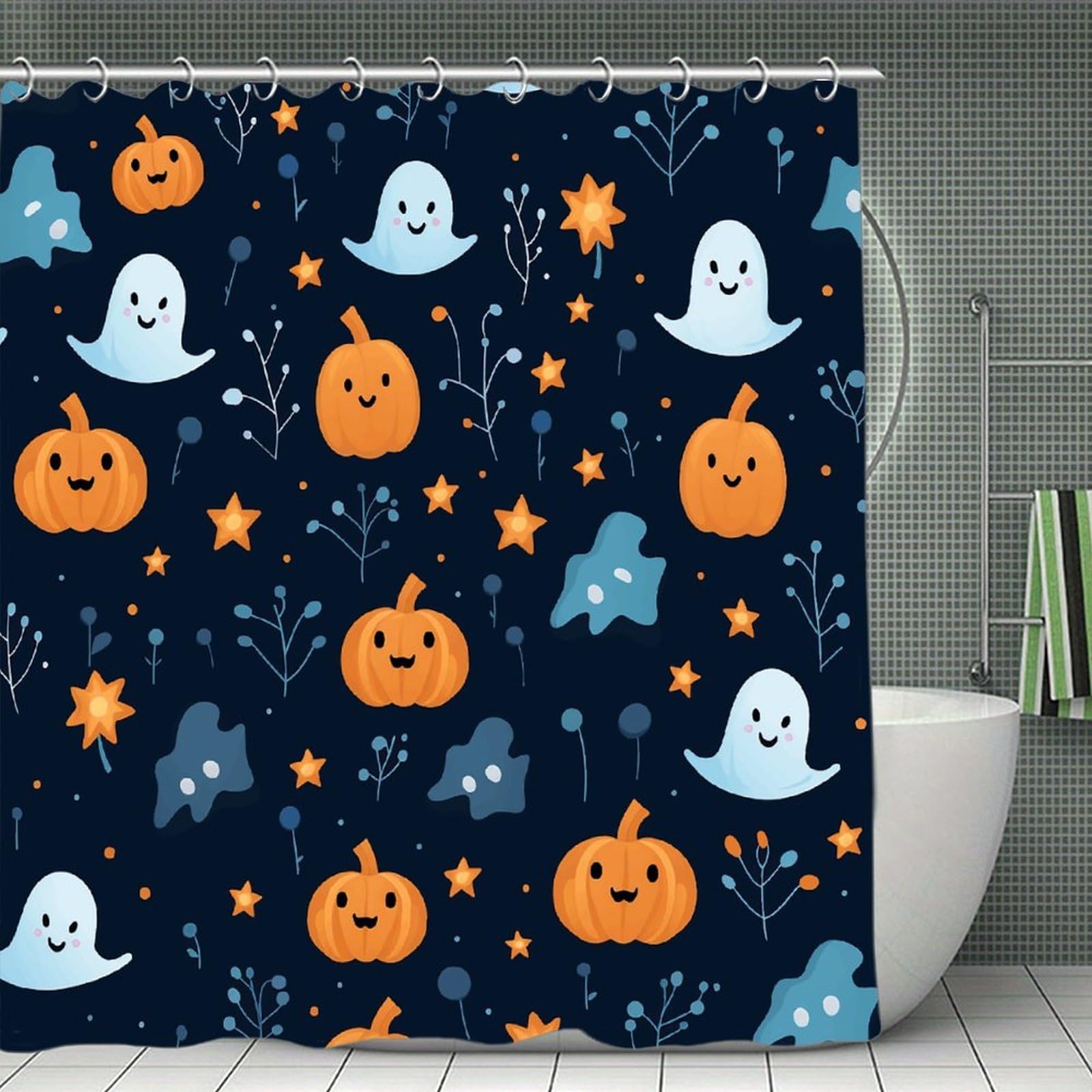 FekiLoot Ghosts and Pumpkins Shower Curtain with Hooks Modern Farmhouse Bathroom Curtain Waterproof Cloth Bath Curtains Cute Washable Blackout Privacy Curtains for Bathroom Bathtub 70.8"x70.8"