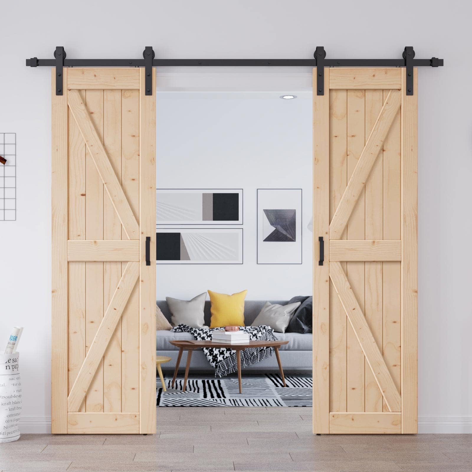 EaseLife 48in x 84in (Double 24in×84in Door) Barn Door with 8FT Sliding Door Hardware & Handle Included,DIY Assemblely,Easy Install,Apply to Interior Rooms & Storage Closet,K-Frame