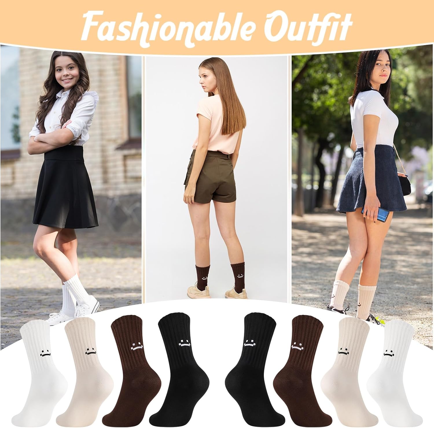 4 Pairs Women Slouch Crew Socks Cute Fun Smile Face Retro Ribbed Scrunch Cotton Socks for Casual Athletic - Image 7