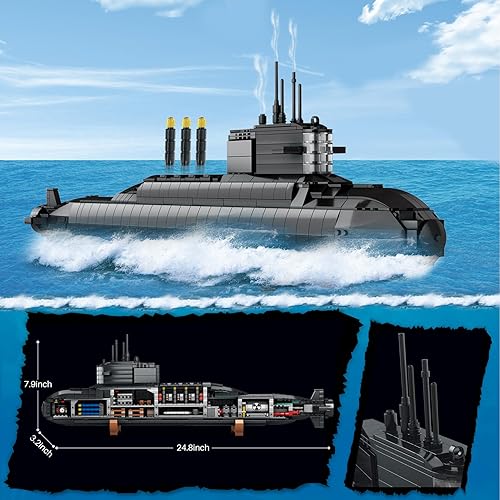 Miniatura 8 de Juego de juguetes de construcción de submarinos nucleares estratégicos con luces, acorazado militar de la Segunda Guerra Mundial, vehículos de
