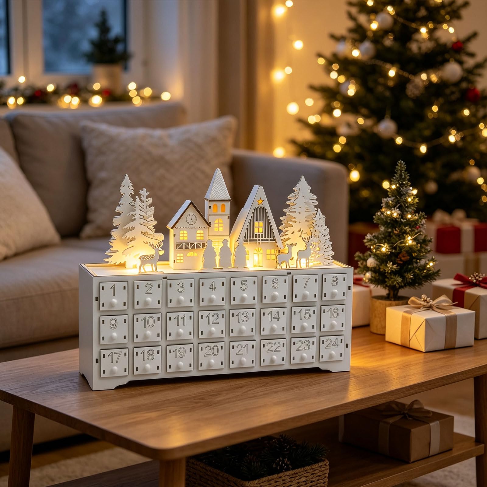 Eingangstisch, Weihnachtsdekoration, Weihnachts Adventskalender aus Holz mit 24 Schubladen, freistehendes Dorf Countdown Aufbewahrungsstück für kleine Überraschungen, Adventsschubladen Dekoration,