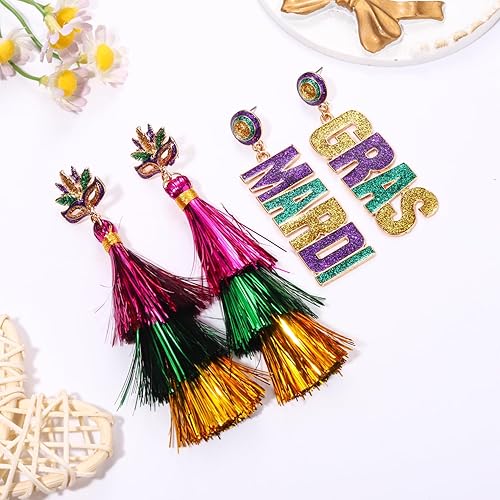Miniatura 5 de 23 pares de aretes de Mardi Gras para mujer, aretes colgantes con corona de cuentas, accesorios de Mardi Gras, aretes de carnaval de flor de lis