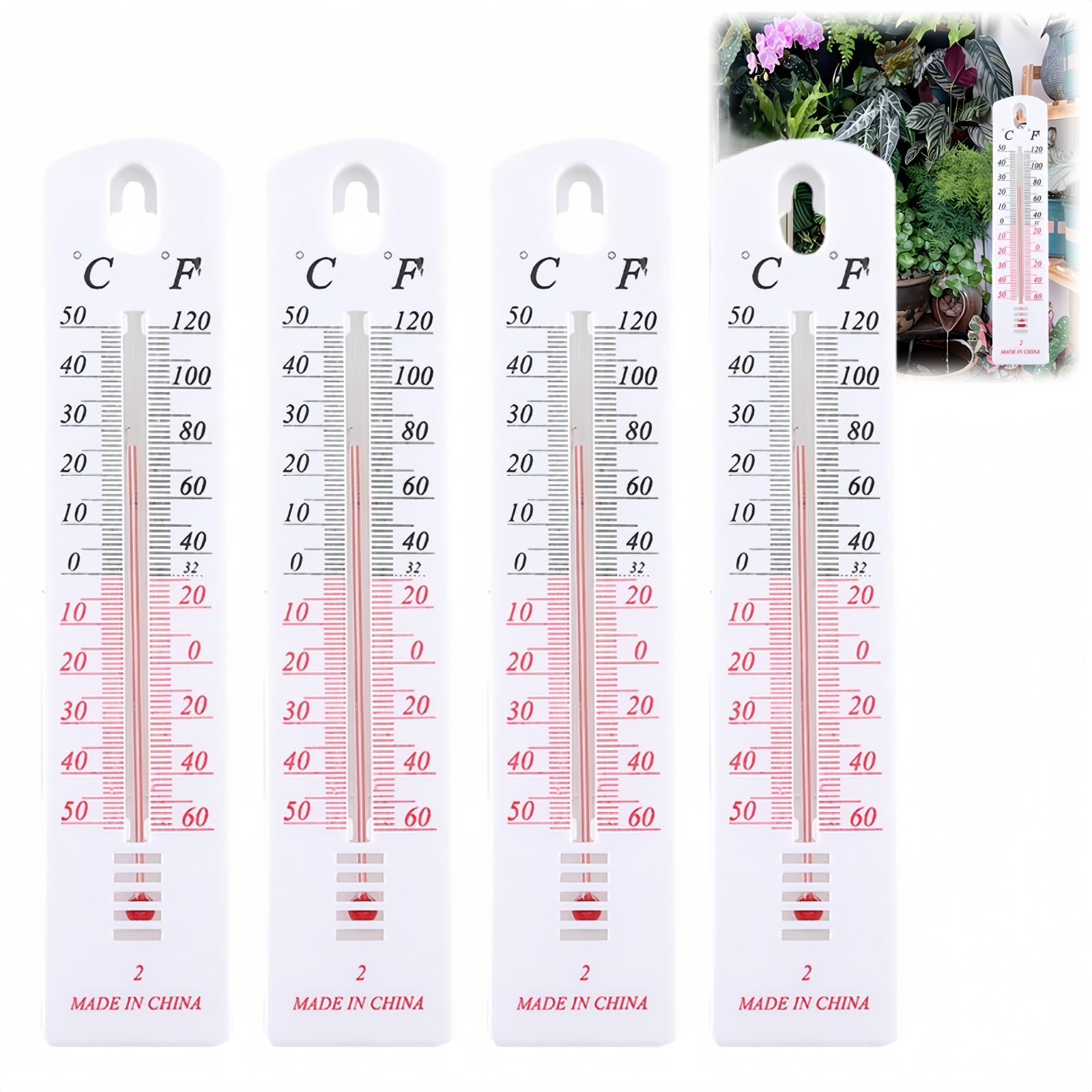 4Pcs Large Dial Wall Thermometer Room Indoor & Outdoor - Greenhouse Garden House Use,Weatherproof Temperature Gauge with Celsius/Fahrenheit for Window Mount,No Battery Needed