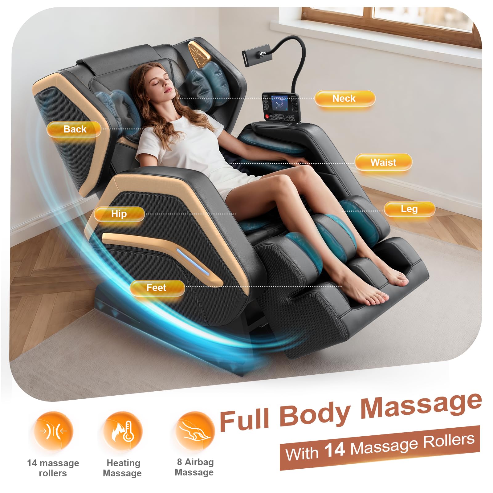 Sillón de Masaje, sillón para Todo el Cuerpo, 14 Rodillos, Calefacción para Espalda y piernas, Masaje de pies, 8 airbags, Altavoces Bluetooth, Mando a Distancia táctil par
