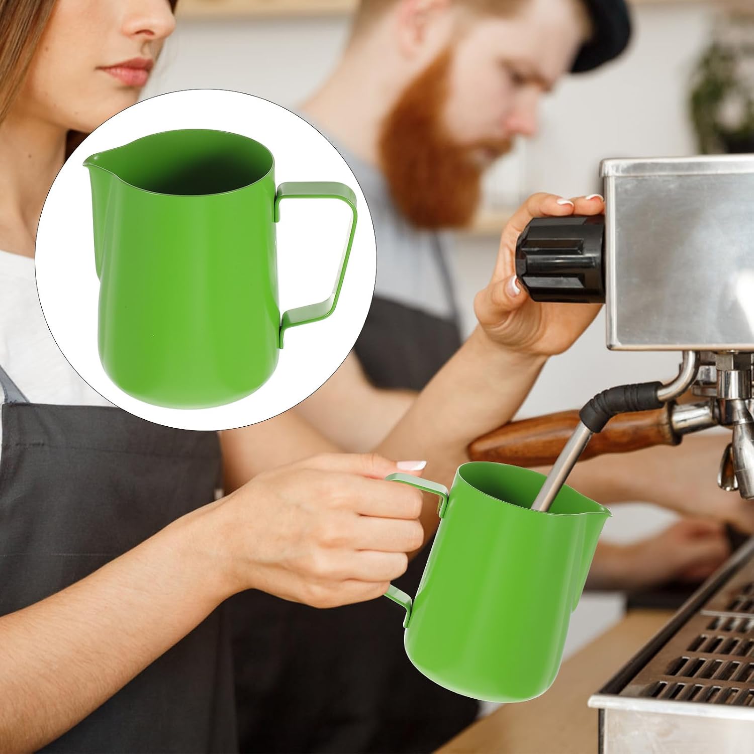 Mikinona Stainless Steel Milk Frothing Pitcher Non-stick Coffee Cup with Comfortable Handle for Latte Art Thickened Green Frothing Jug for Kitchen Office Coffee Shop Use