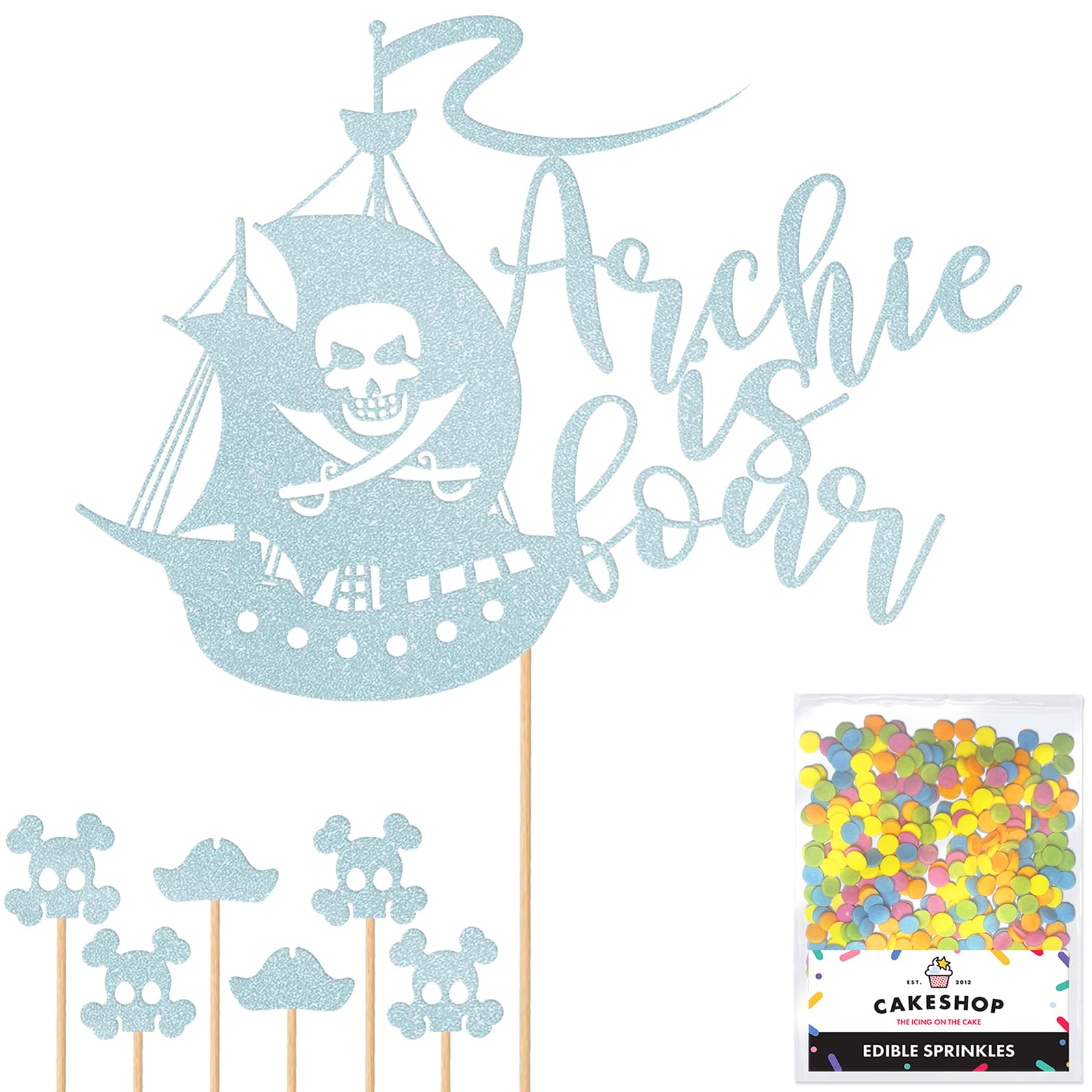 Personalised Birthday Pirate Ship Glitter Cake Topper Lt Blue Any Custom Age & Name Glitter Cake Decoration and Sprinkles - Happy Birthday Decorations - Personalised Toppers for Cakes by Cakeshop — image 1