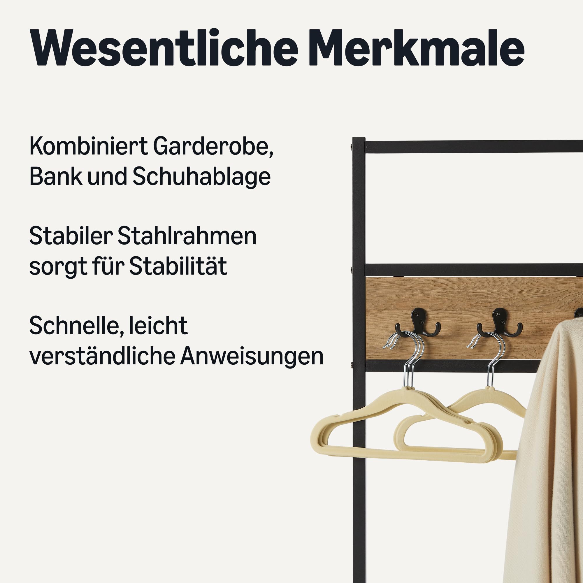 Amazon Basics Bank für den Eingangsbereich mit Haken, Garderobenständer, Kleiderständer, Flurgarderobe mit Schuhfach, 34cm x 72cm x 182cm, Eiche