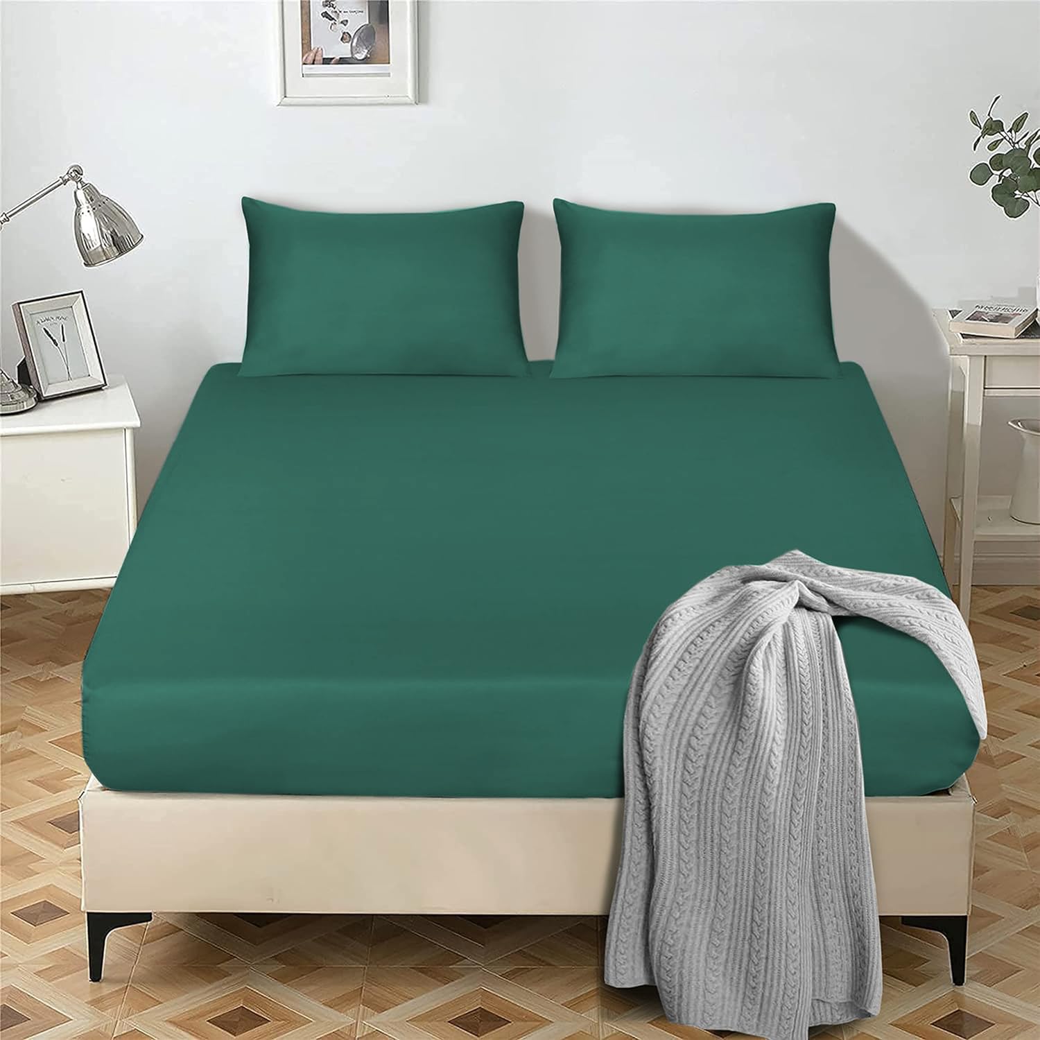 My home store Fitted Sheet 25 cm Deep Brushed Microfiber Ultra Soft No-Iron Wrinkle-Resistant Plain Dyed Fitted Bed Sheets Hypoallergenic Breathable Sheets (Emerald, King)