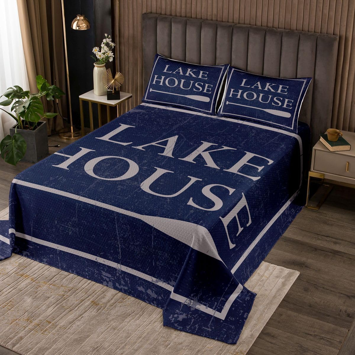 jejeloiu Lake House Bedspread Twin Size Lake Time Coverlet Set 3D Wood Print Quilted Coverlet for All Season with 1 Pillowcase Blue Grey Bed Cover