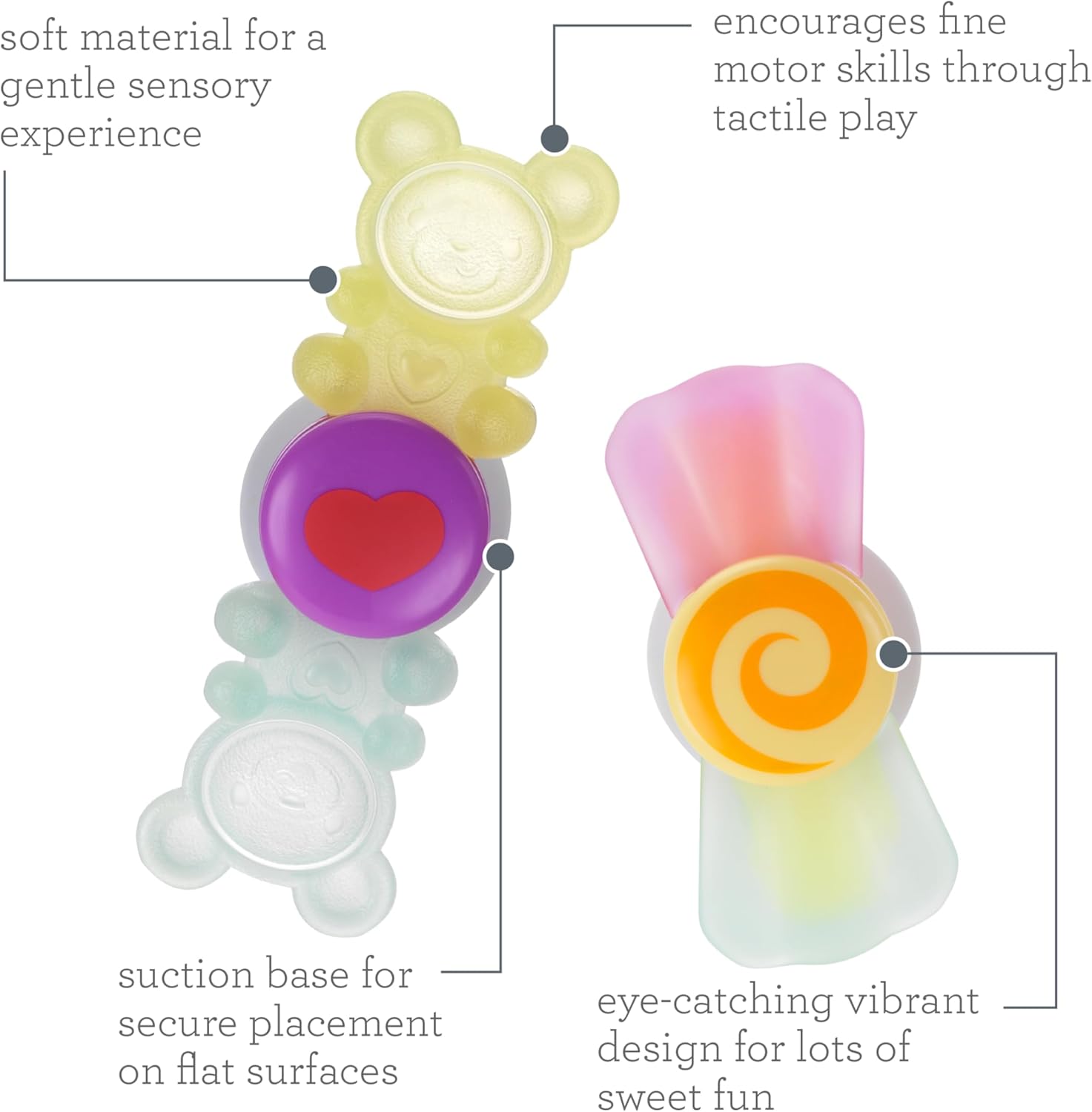 Infantino Sweet Treat Spinners, Baby Sensory Toy with Suction Cup Fidget, High Chair Spinning Tray Toy, Candy-Themed Textured Spinners for Fine Motor Skills, for Newborns and Toddlers 6+ Months