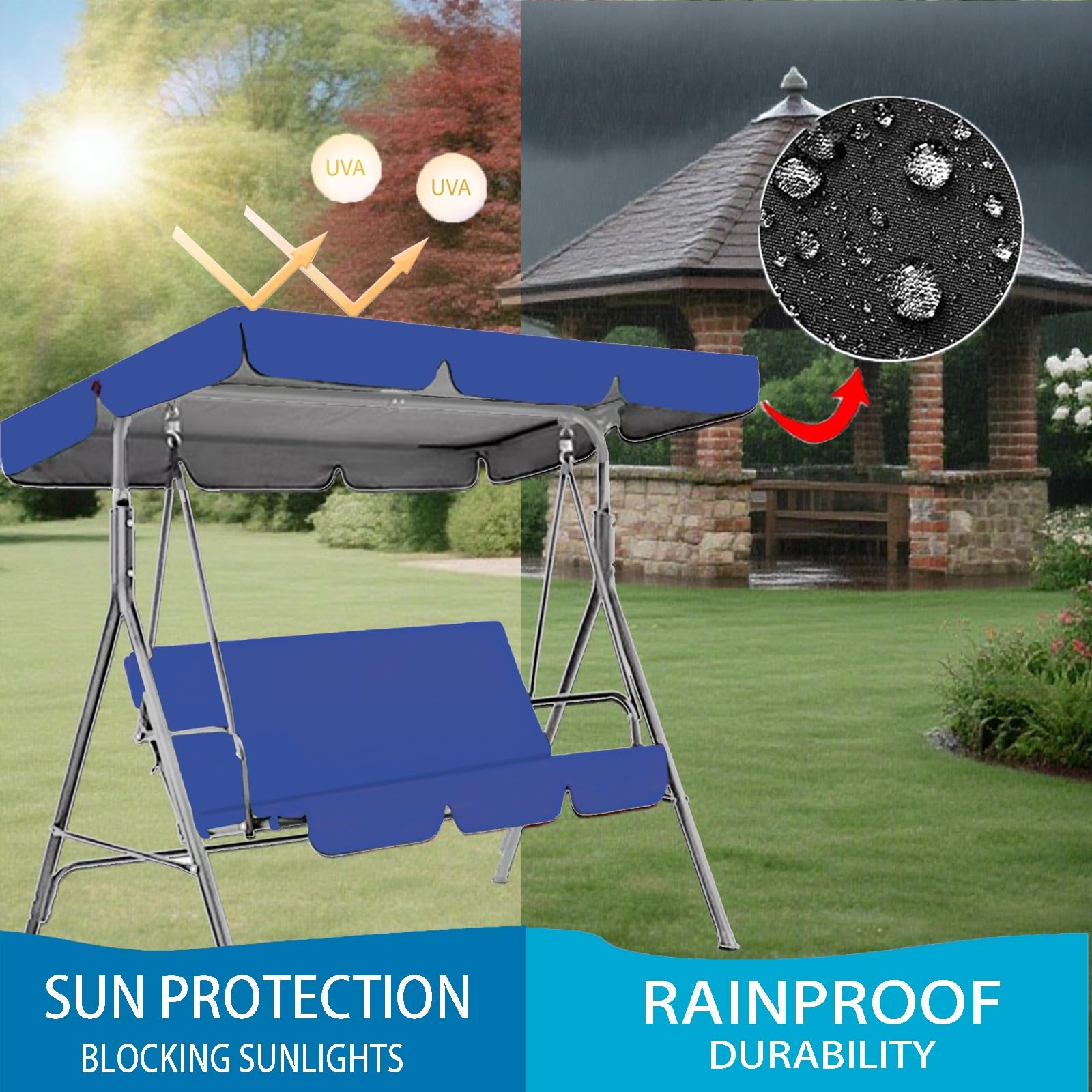Kit de Rechange pour balancelle 2/3/4 Places avec Toit et Coussin d'assise réglables pour balancelle de Jardin,rotection Contre la Pluie et Le Soleil Housse Oxford 210D,Bleu,195 * 125 * 15cm