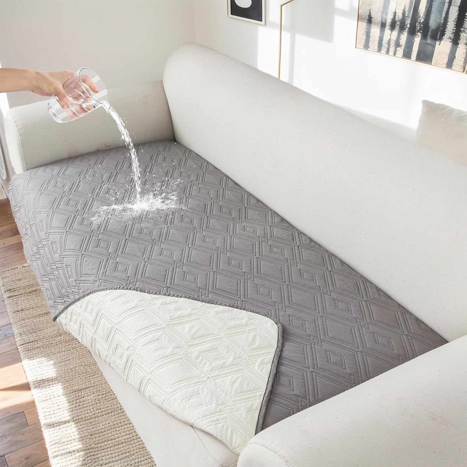 FASCINATDECO Waterproof Sofa Covers 4 Seater, Sofa Seat Cushion Covers, Non Slip Sofa Covers, Sofa Slipcovers, Pet Couch Covers, Washable Sofa Protectors from Pets Kids Dogs, Light Grey