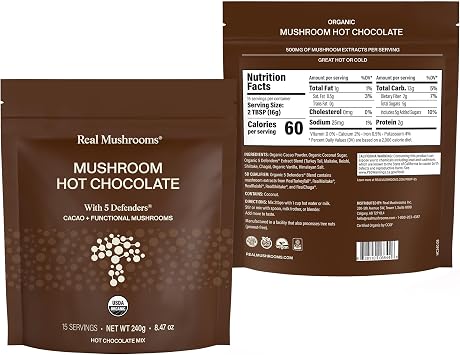 Real Mushrooms Hot Chocolate Mix (15srv), 5 Defenders Extract Powder (45srv), 5 Defenders Supplements (90ct) Bundle to Support Immunity & Overall Wellbeing - Gluten-Free, Non-GMO, Vegan
