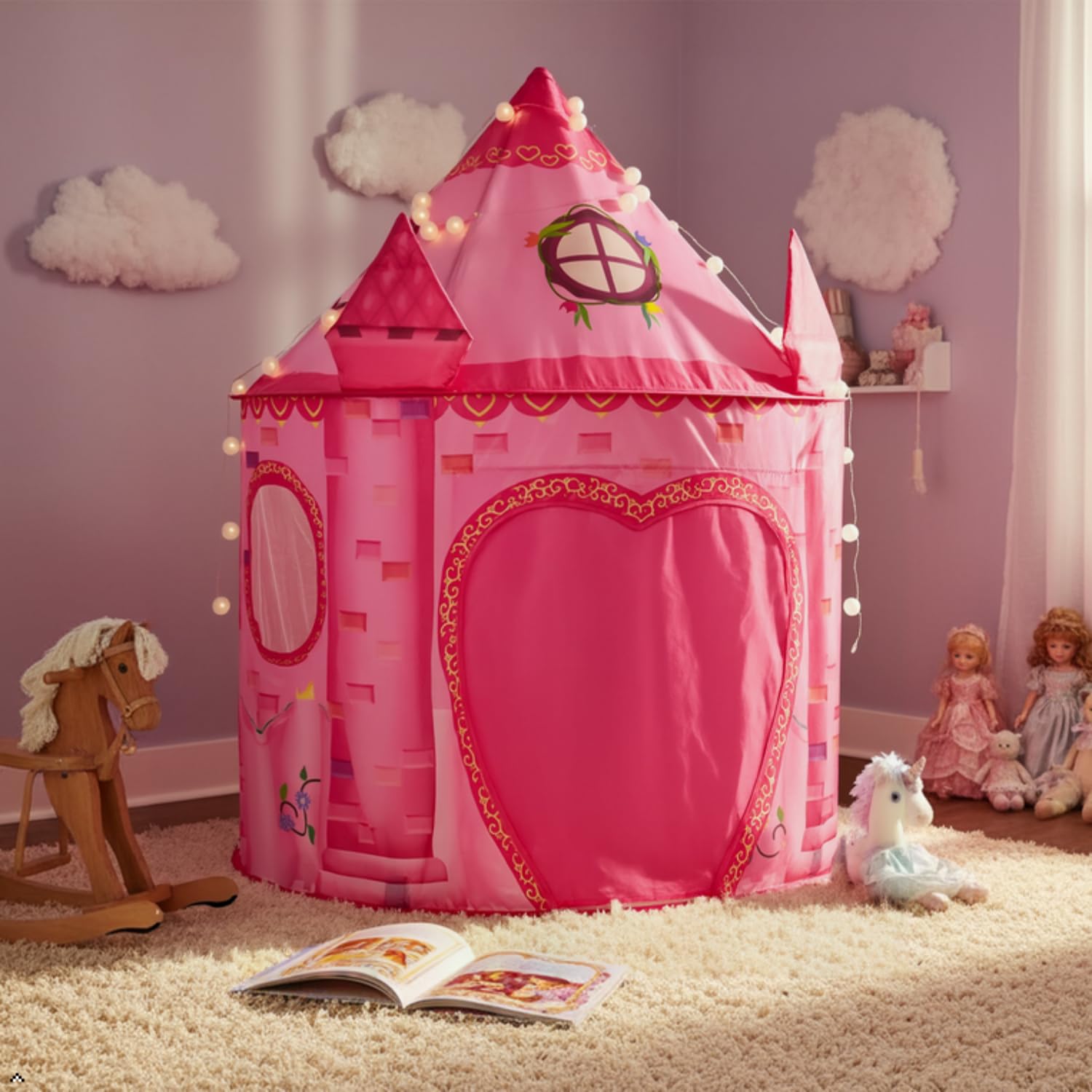 Tenda per bambini castello rosa da interno, pieghevole capanna da gioco