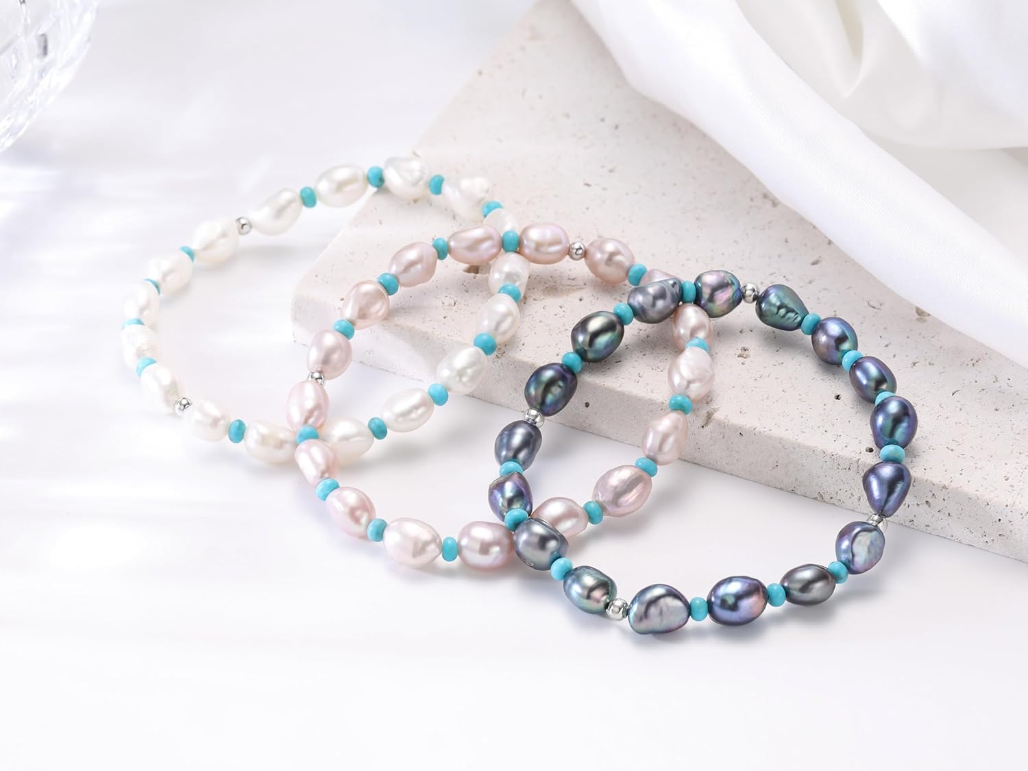 Freshwater Baroque Pearl Bracelets For Women White/Pink/Black Pearls Turquoise Beaded Stretch Bracelet 7 Inches 8mm-10mm Natural Cultured Real Pearl - Image 2