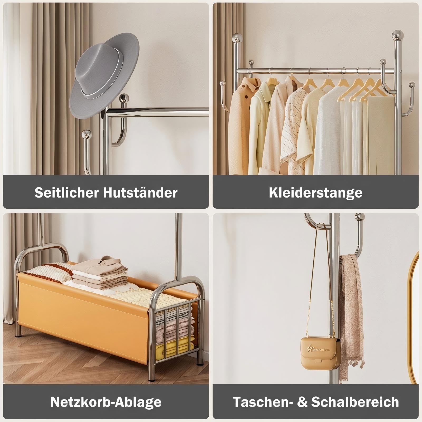 Kleiderständer Edelstahl stabil mit Aufbewahrungskorb, Garderobenständer robust, Kleiderstange 115 kg belastbar, 3-in-1 Kleiderständer & Wäscheständer für Schlafzimmer Flur