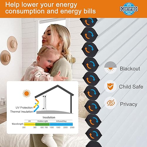 Miniatura 4 de Persilux Persianas opacas personalizadas para ventanas celulares sin cordón, persianas de ventana con panal (blanco, 46 pulgadas de ancho x 64