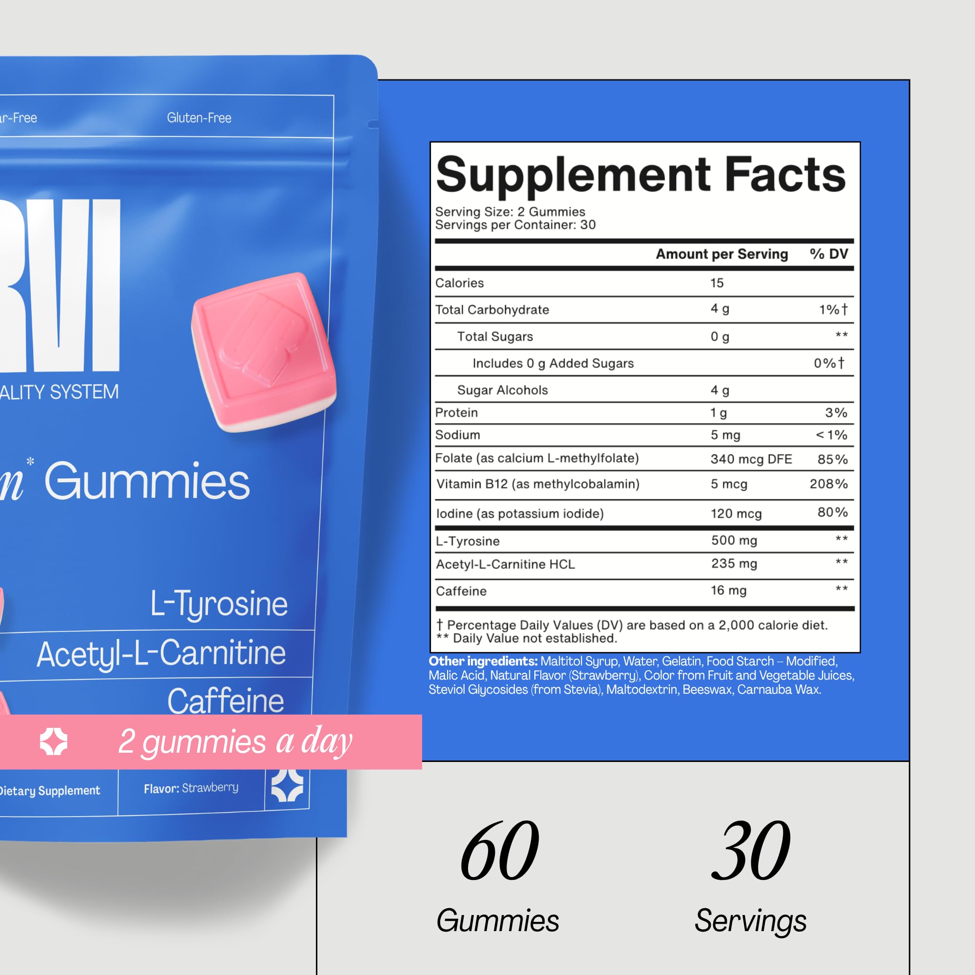 URVI® Focus, Memory & Energy Gummies with Vitamin B12, L-Methylfolate, L-Tyrosine 500 mg, Acetyl-L-Carnitine & 16 mg Caffeine - Sugar-Free, Strawberry, 60 Chewy Gummies — Amazon image 2