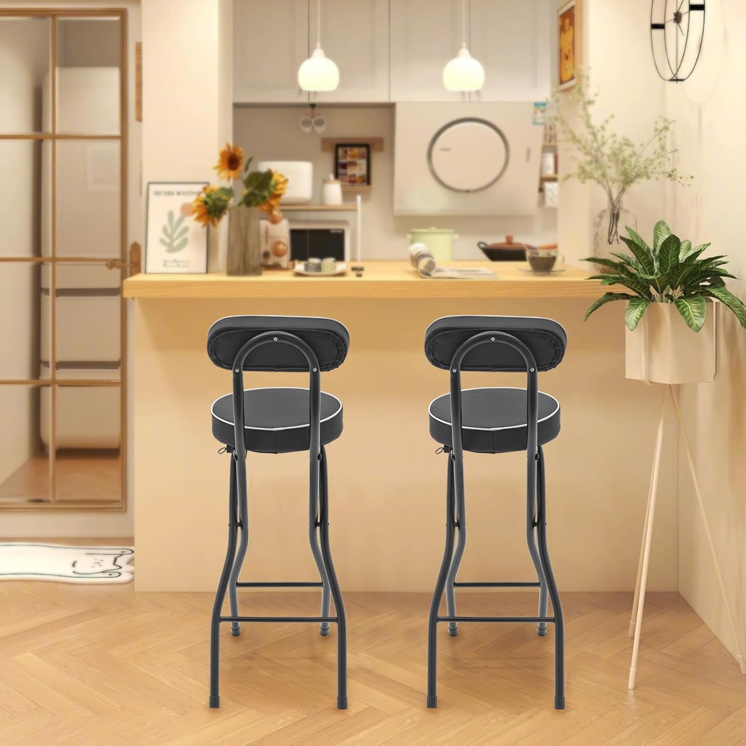 2Pcs-Folding Bar Stool with Back, Black Tall Foldable Chair Counter Height Collapsible Stool PU Leather Padded for Kitchen Island, Restaurant, Bar, Cafe Shop, Outdoor Camping