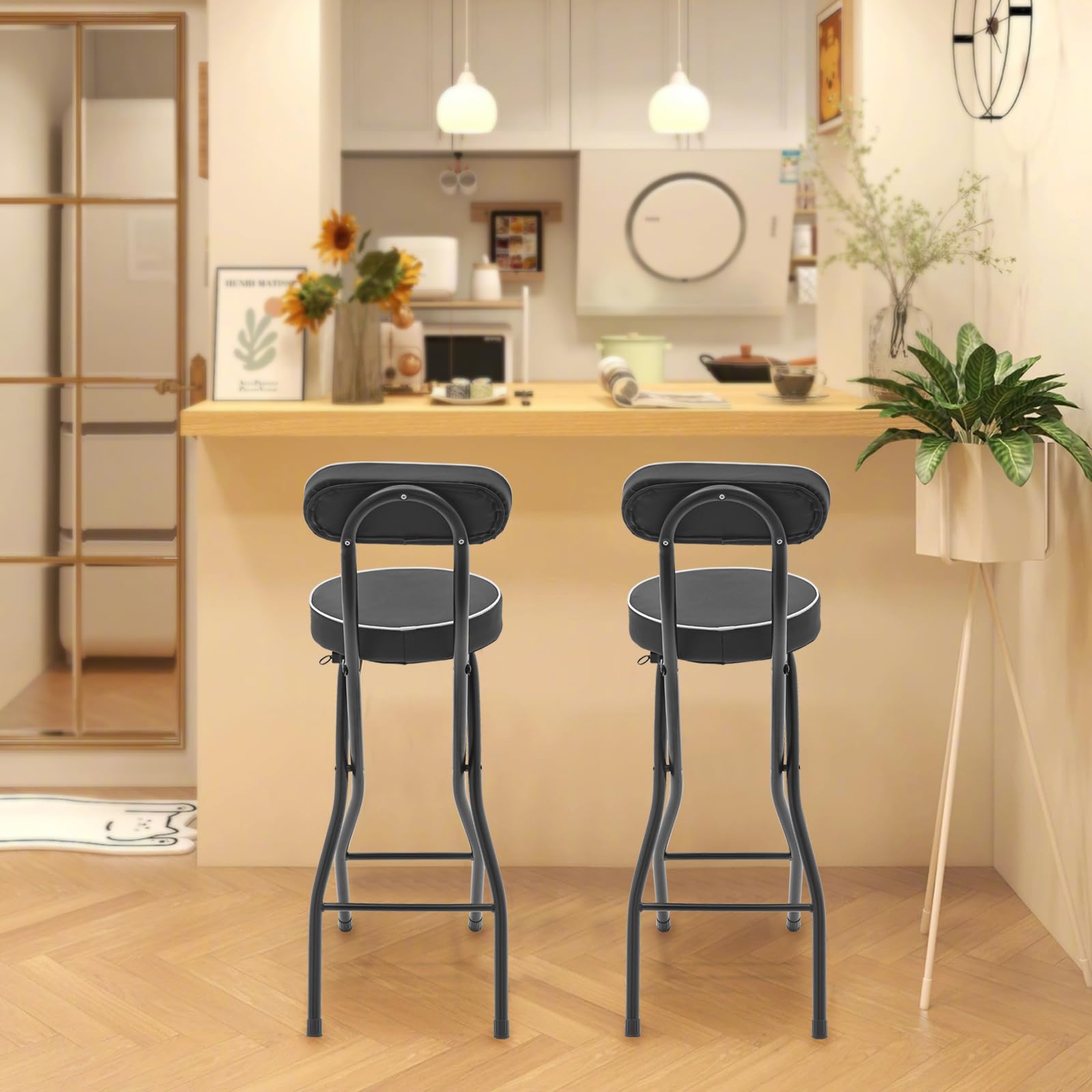 Urban Living Lot de 2 tabourets pliants et portables rembourrés - Tabouret de bar - Structure en acier robuste - Tabouret de cuisine - Noir