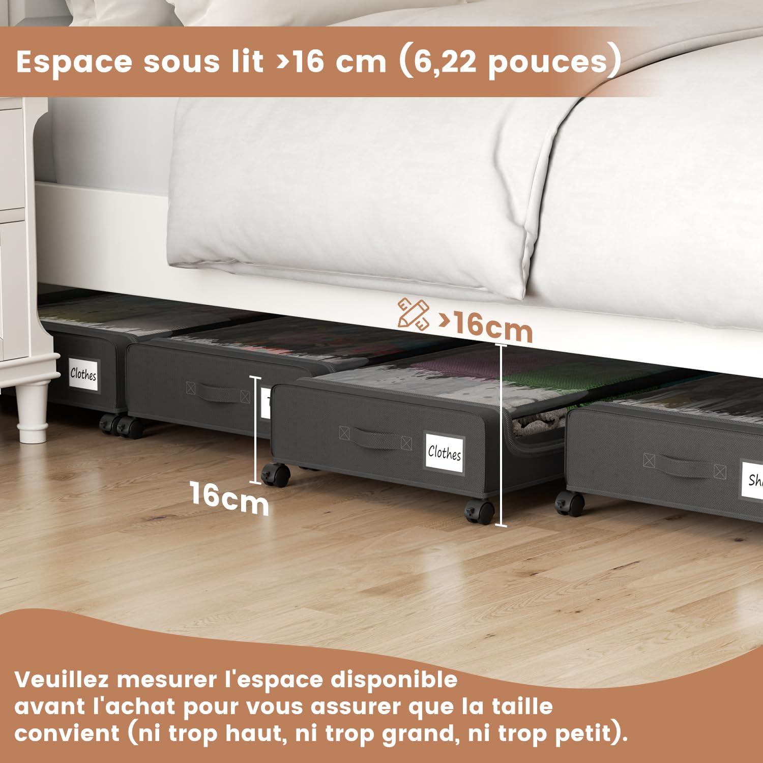 PHINOX Lot de 2 tiroirs de rangement sous lit avec roulettes, conteneurs de rangement sous lit avec couvercle transparent, tiroirs de rangement sous lit en tissu et cadre métallique pour vêtements