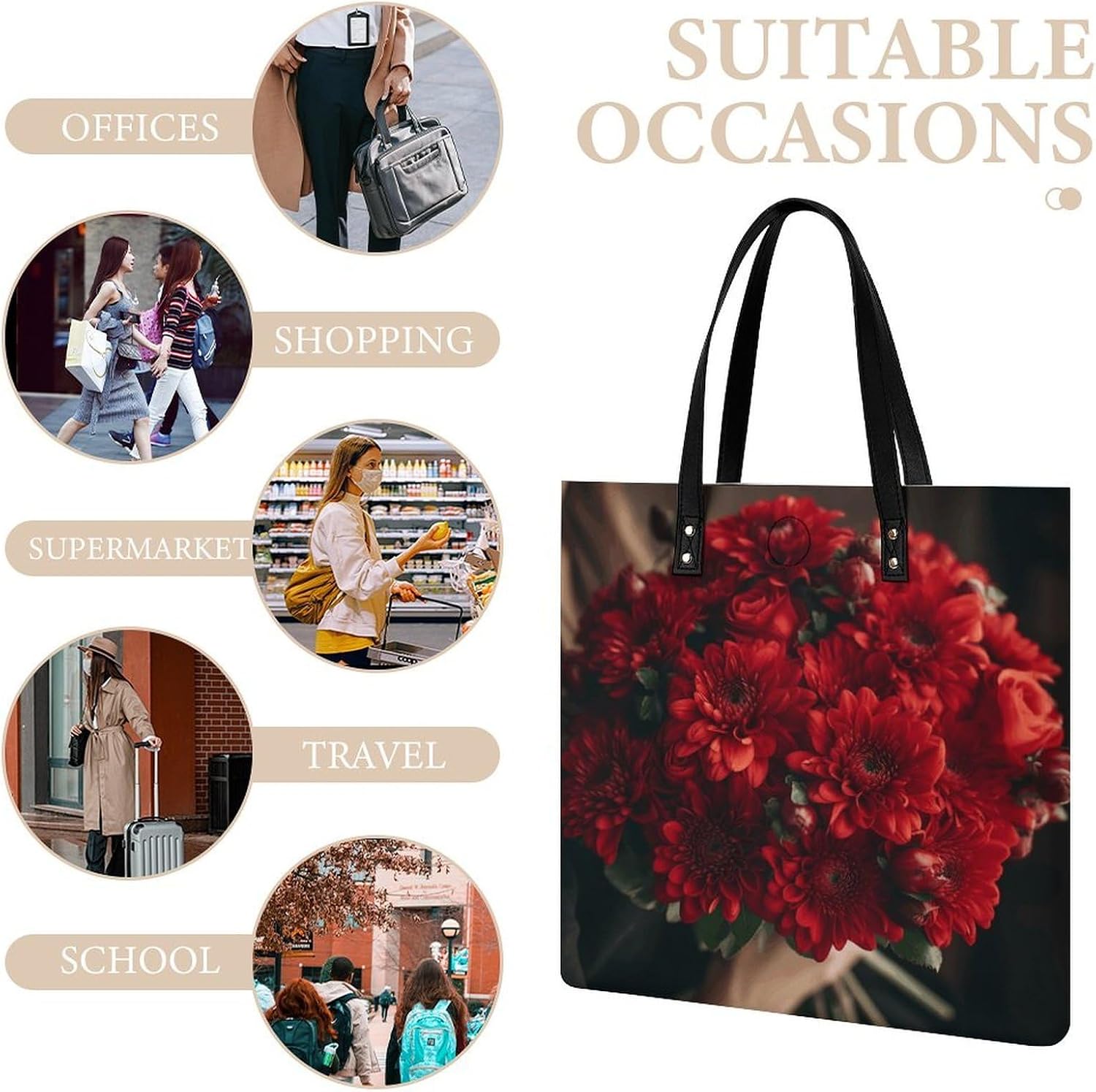 Bouquet of Red Flowers Handbags Large Capacity, Tote Bag Stylish Slouchy, Shoulder Bags for Work Beach Travel And Shopping Grocery.