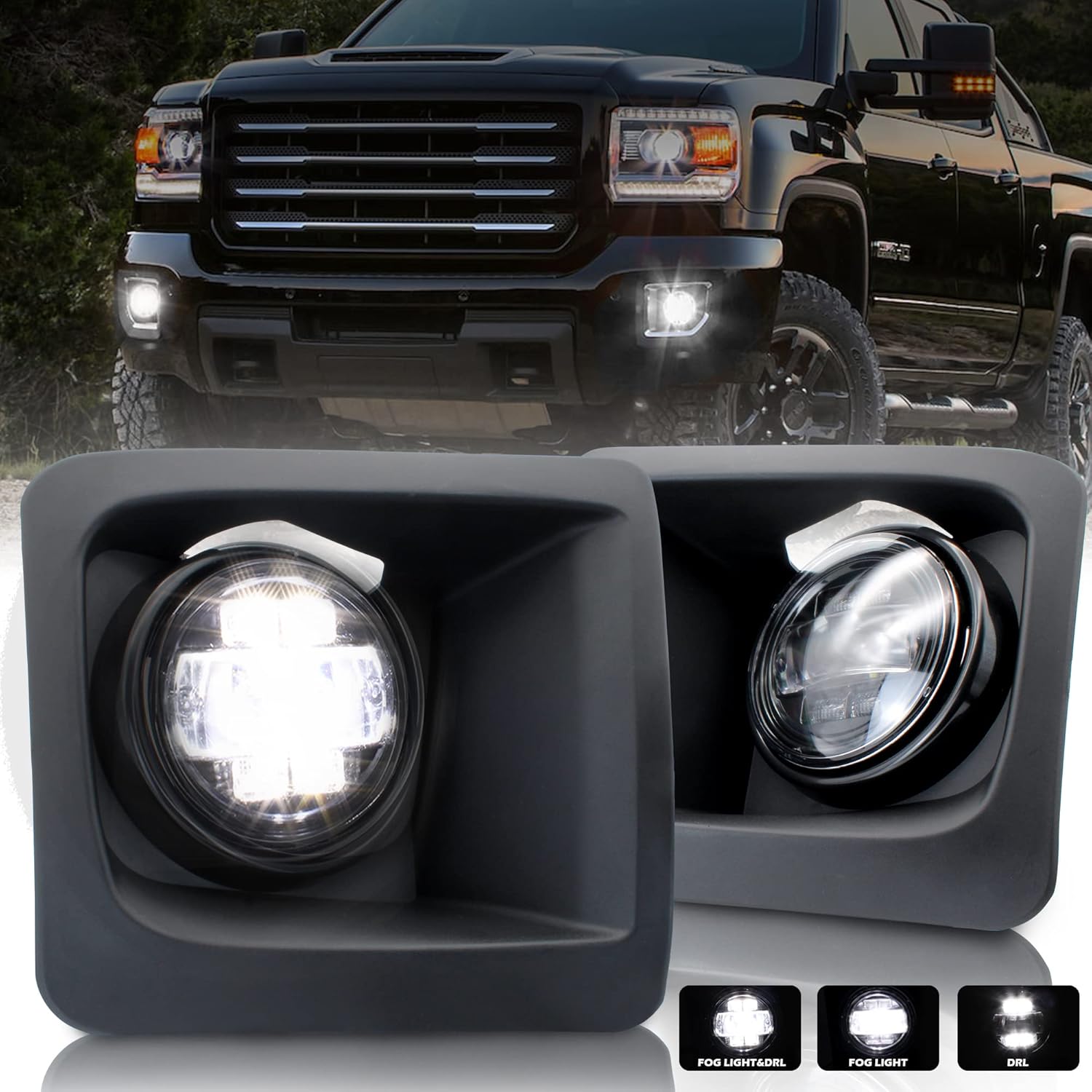 KEWISAUTO LED Fog Lights with DRL for GMC Sierra 1500 2014 2015, Bumper Driving Fog Lamps Clear Lens with Daytime Running Lights for GMC Sierra 1500 14-15 Accessories (2PCS)