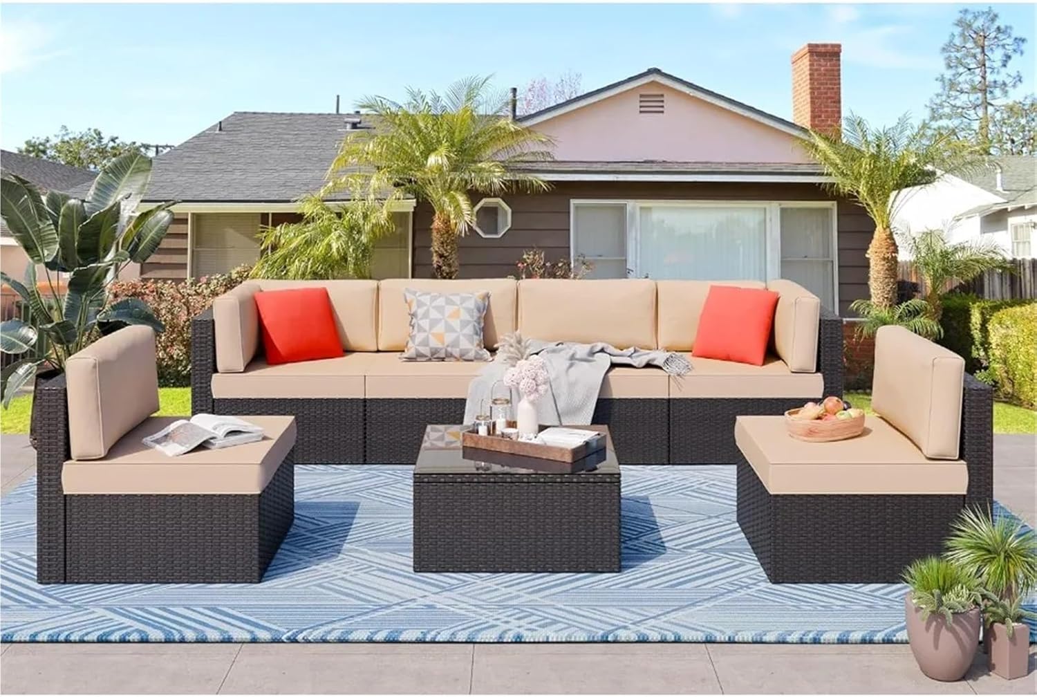 7 Pieces Outdoor Patio Furniture Sets, Outdoor Wicker Rattan Chairs, PE Wicker Weaving Patio Conversation Set with Cushion(Red)