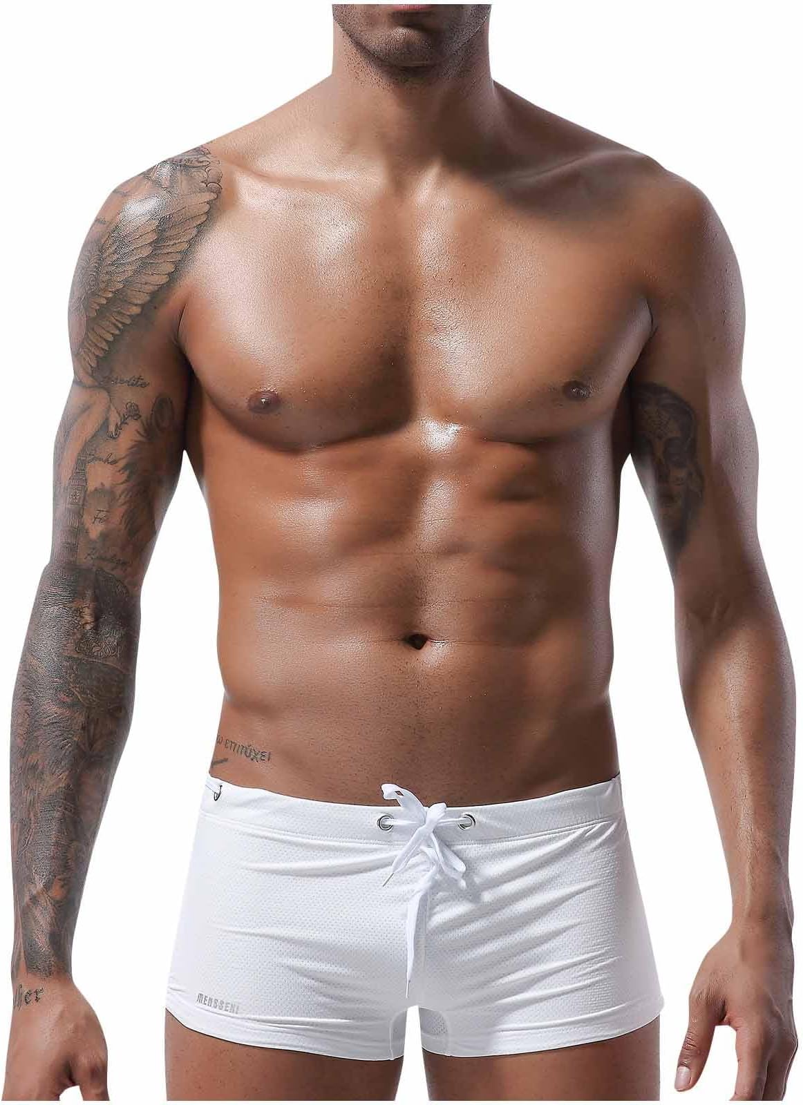 Square Cut Swimsuit Men Sexy Swim Briefs Beach Bikini Sport Swimwear Low Wasit Shorts Pants with Drawstring Beach
