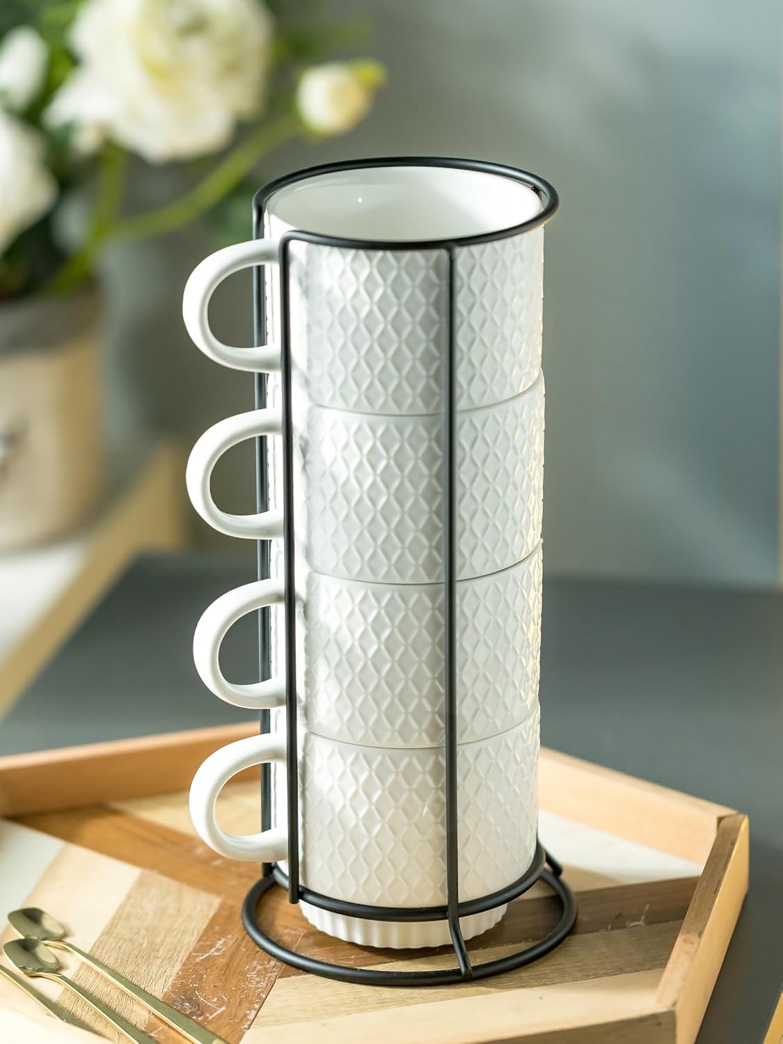 LYEOBOH Stackable Coffee Mugs with Rack, 13 oz Ceramic Coffee Mug Set of 4 with Stand, Latte Cup with Spoon, Cappuccino Cups for Hot Cocoa, Milk, White - Image 5