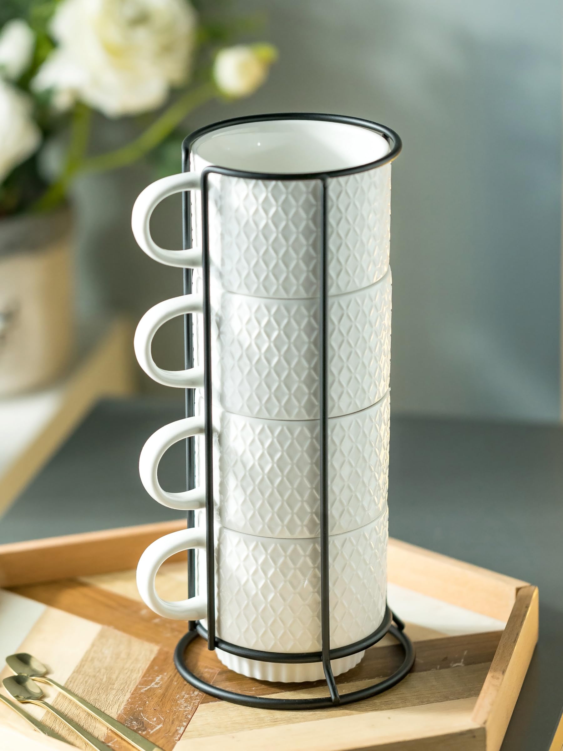 Amazon.com: LYEOBOH Stackable Coffee Mugs with Rack, 13 oz Ceramic Coffee Mug  Set of 4 with Stand, Latte Cup with Spoon, Cappuccino Cups for Hot Cocoa,  Milk, White : Home & Kitchen