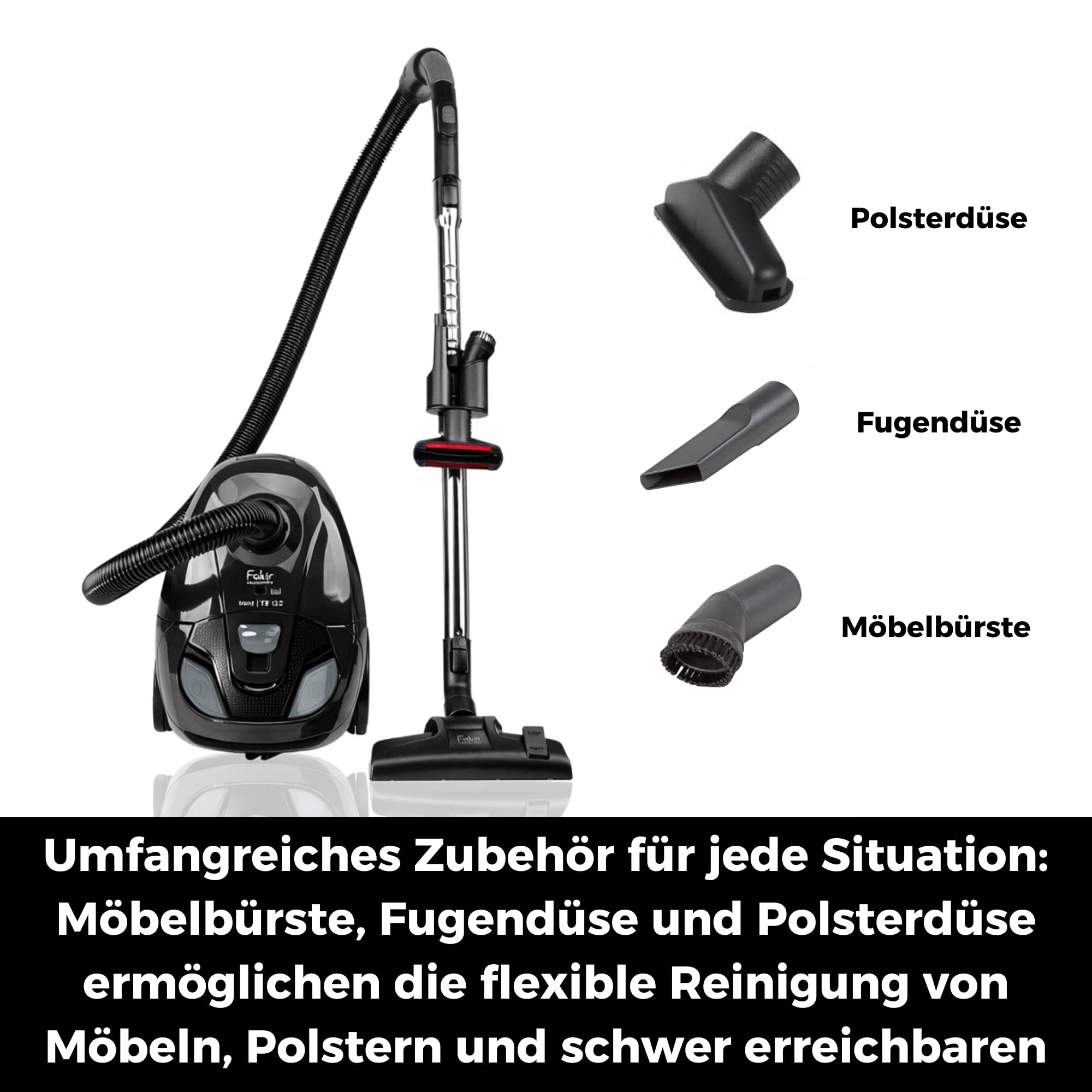 Fakir Trend TS 122 - Aspirapolvere con sacchetto, 700 W, con cavo, filtro EPA, motore silenzioso ad alta efficienza, grande sacchetto per la polvere da 2 l e raggio d'azione 7 m, colore: Nero/Grigio