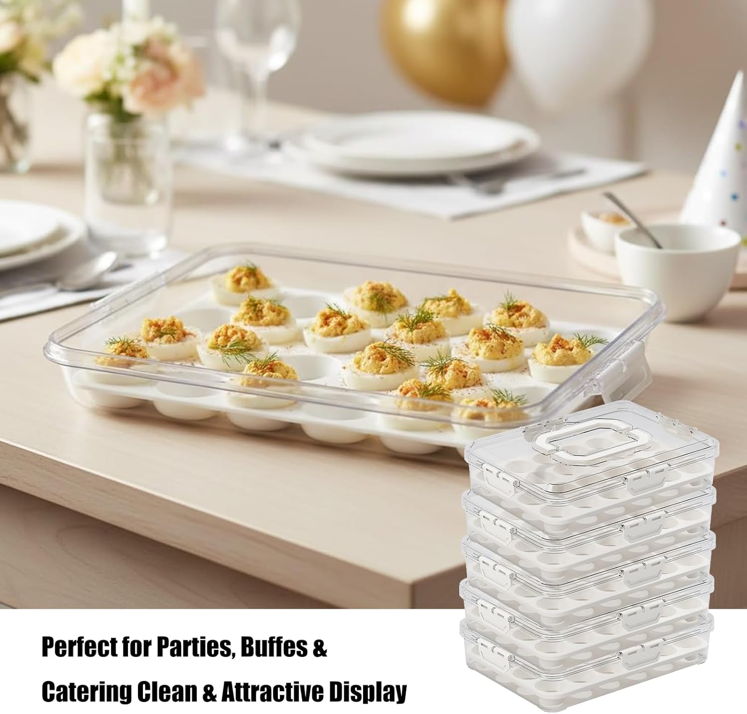 Egg Transport Container for Picnics & Parties - 48 Hole Deviled Egg Plate with Handle, Leak-Proof Seal & Stackable Design, Perfect for Easter, Travel & Refrigerator Storage