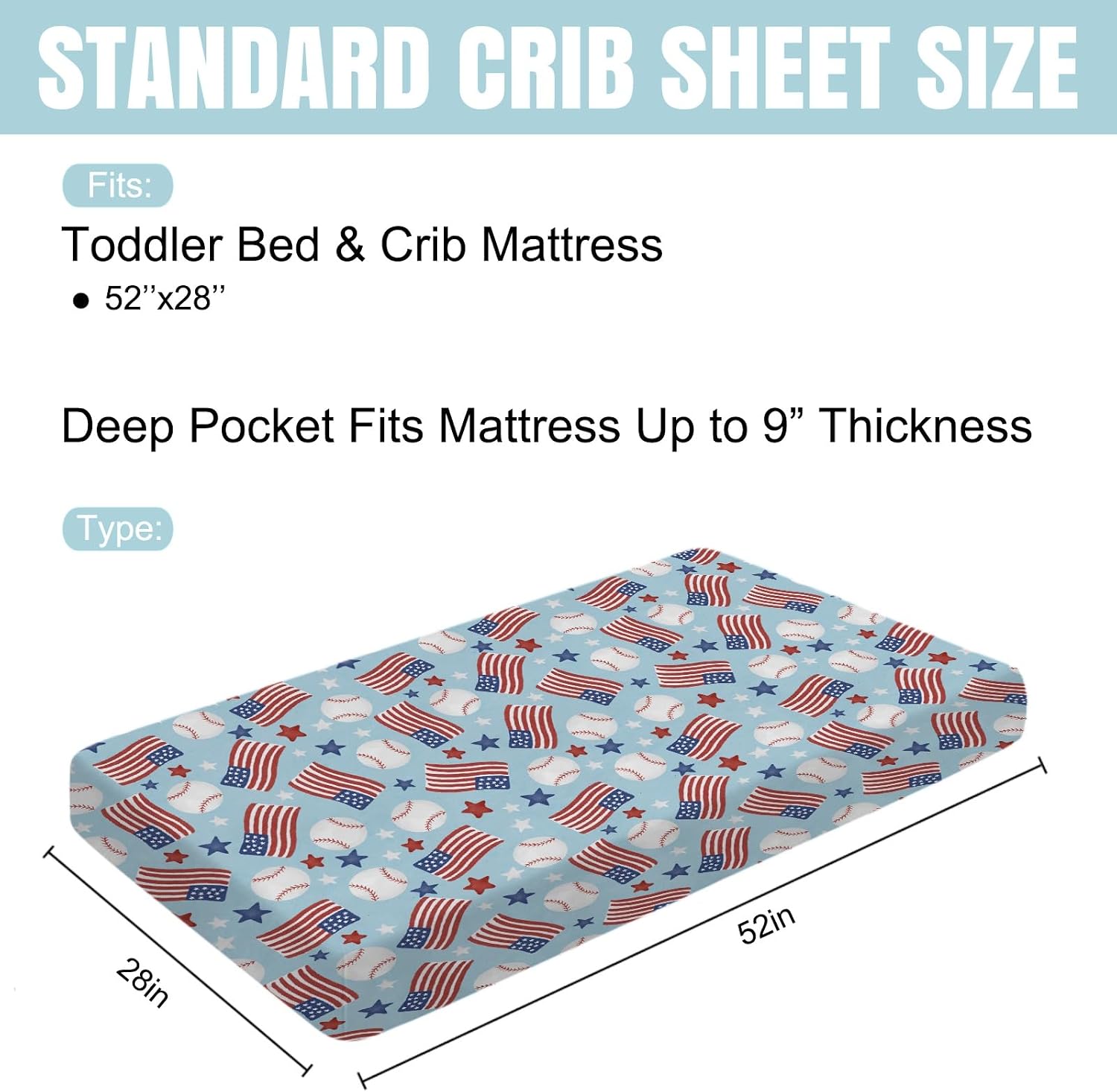 Baseball American Flag Baby Crib Sheet 52''x28'' - Sports Stars Stretchy Fitted Mattress Cover for Boy Girl, Soft Nursery Sheet for Standard Size Crib and Toddler Mattress