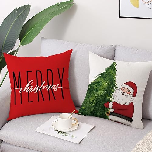 Miniatura 5 de Coeufuedy Juego de 4 fundas de almohada de Navidad rojas de 18 x 18 pulgadas para decoraciones de Navidad, muñeco de nieve, Papá Noel, Feliz