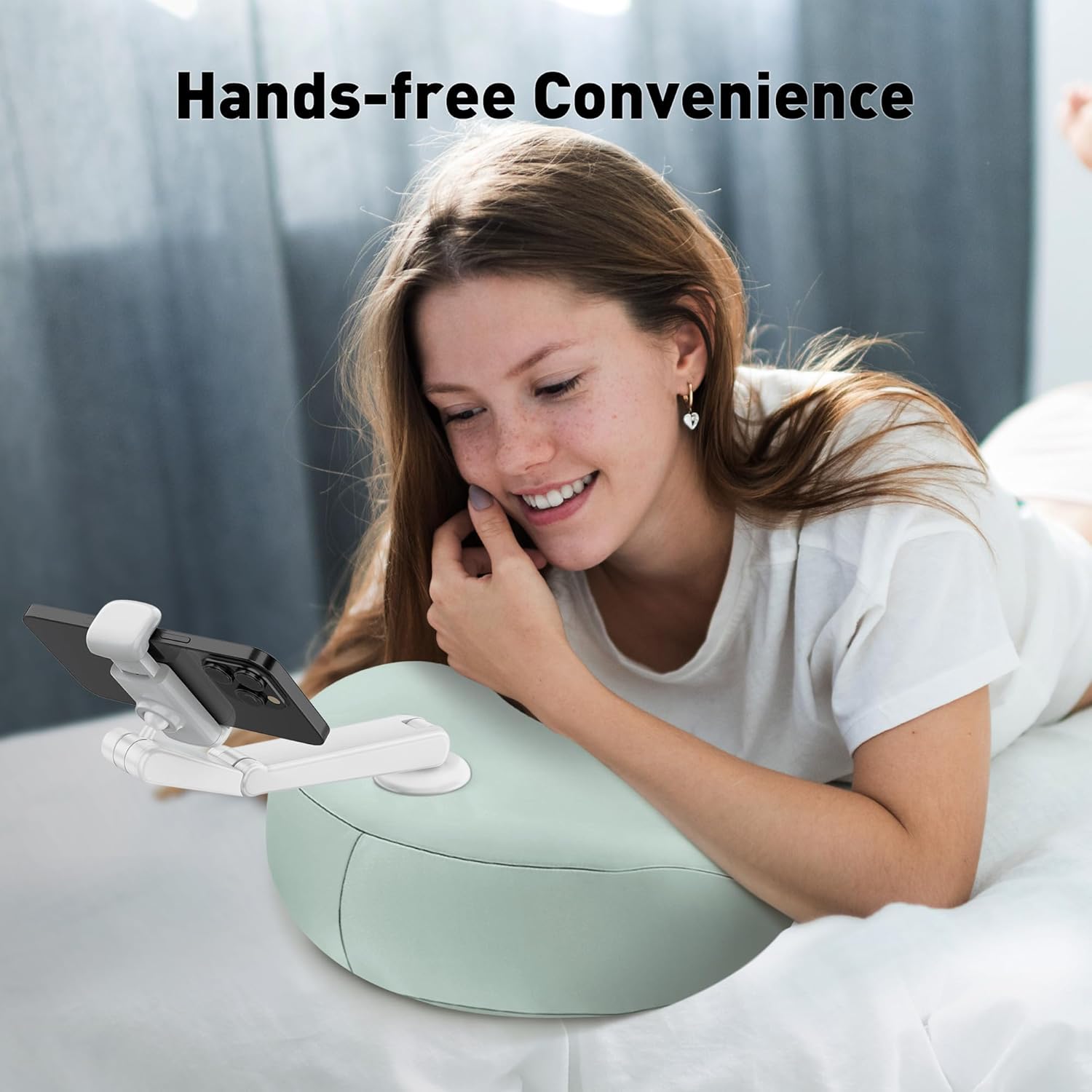 Pillow Phone Holder for Bed with Flexible Arm, 360° Rotating Phone Pillow Stand for Laying Down, Patented Crescent Cushion Compatible with iPhone & 4.7"-7.0" Phones, Hands-Free Stand for Sofa, Lap