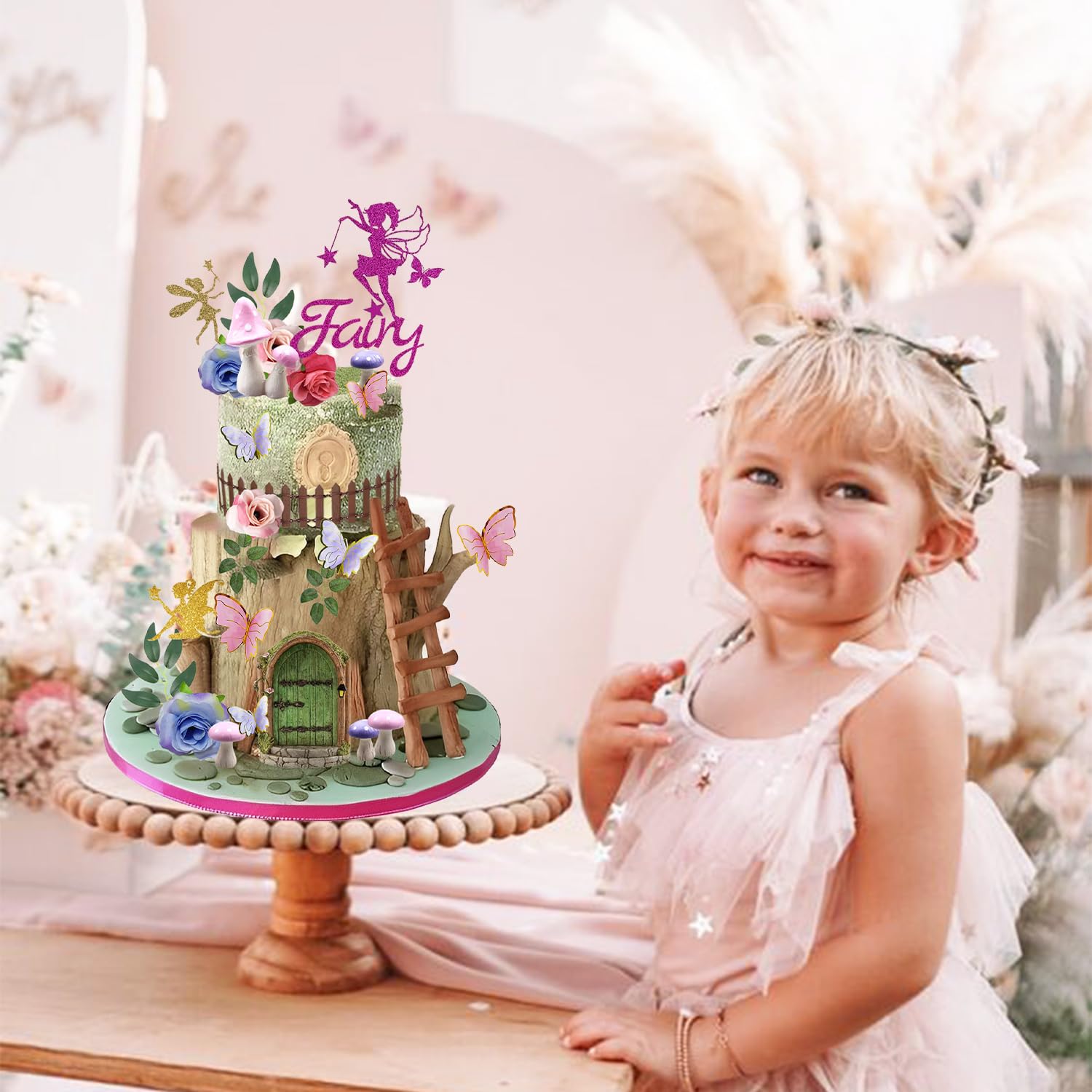 Butterfly Cake Decorations Pink Mushroom House Cake Toppers JeVenis 25 PCS Pink Mushroom House Cake Decorations | Fairy Garden Party Supplies | Butterfly & Fairy Picks Set Pink Mushroom House Butterfly Cake