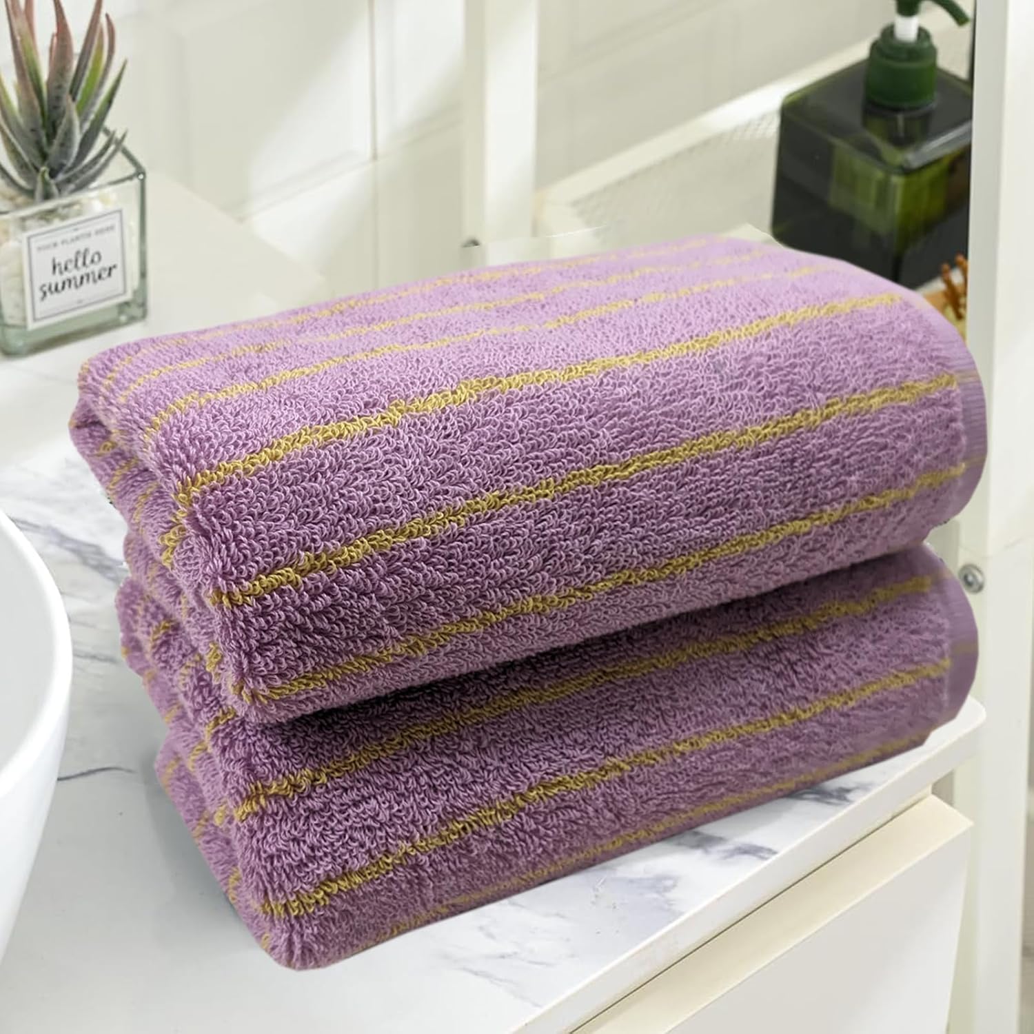 USTIDE Striped Hand Towel Thick Luxury Fluffy 100% Cotton Hand Towels for Bath Fashionable Spa Gym Purple Yellow Stripe Face Towel 2 Pack, 14 x 30 Inch - Image 4
